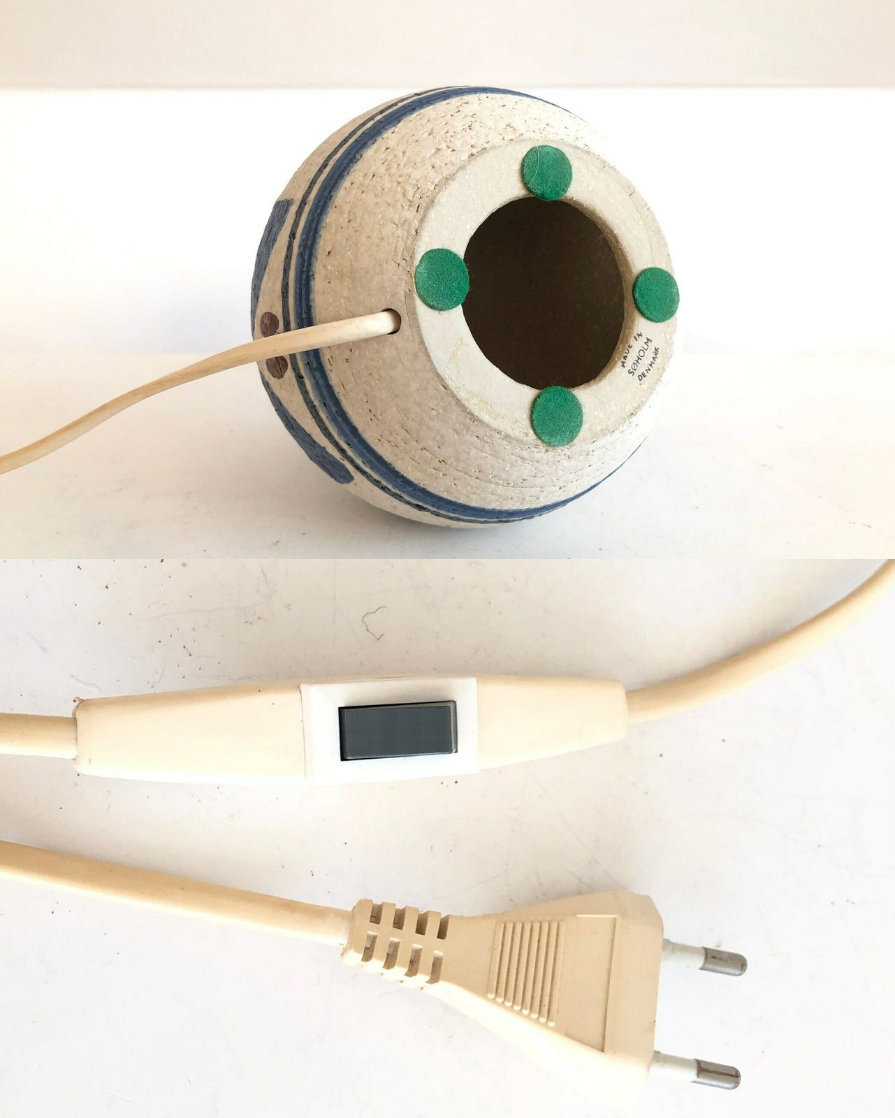 photo for sale Danish Original Mid Century Modern Stoneware Table Lamp With White Glaze And Gorgeous Blue Decoration   Design By Søholm, Bornholm Denmark