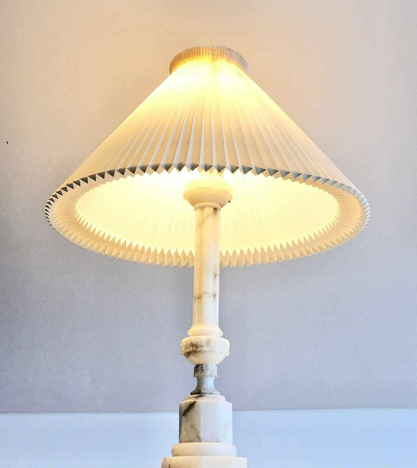 Gorgeous Large Vintage White Alabaster Empire Style Statement Table Lamp With Huge Original Le Klint Pleated Shade In White photo for sale