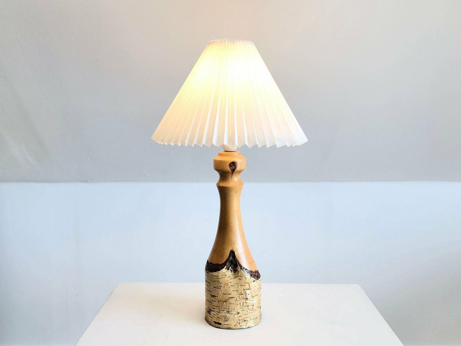 Danish Mid Century Modern Table Lamp Early Model With Natural Birch Wood Base And White Pleated Shade   Design From E.S. Horn, Denmark