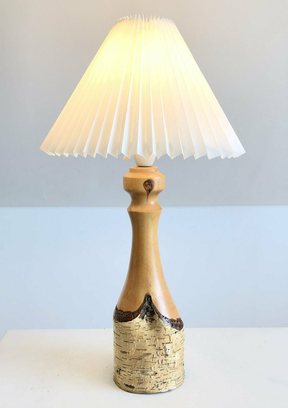 Danish Mid Century Modern Table Lamp Early Model With Natural Birch Wood Base And White Pleated Shade   Design From E.S. Horn, Denmark photo furniture