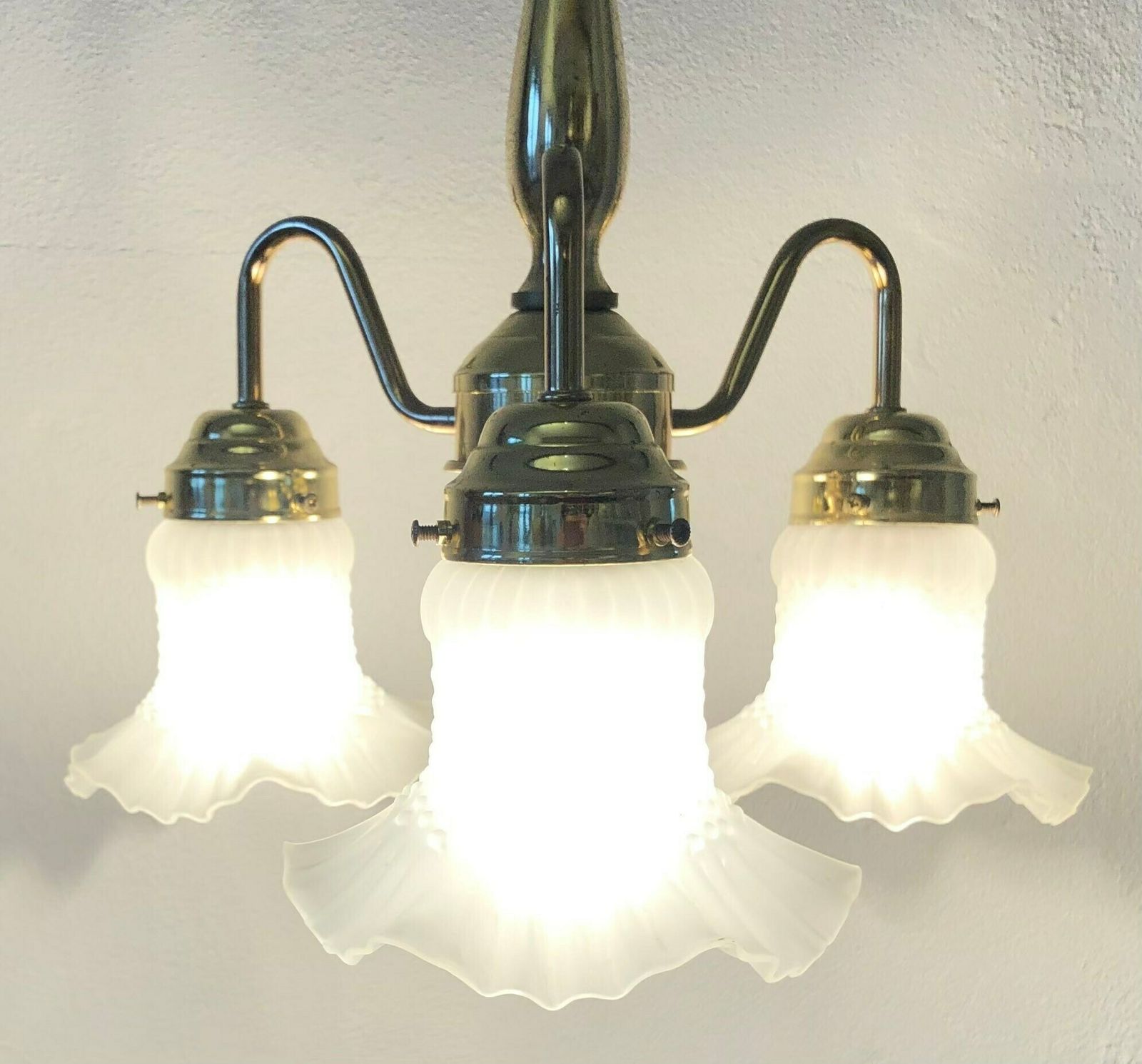Danish Mid Century Beautiful And Romantic Three Armed Ceiling Lamp With Patterned Glass Shades And Gold Metal Details photo furniture