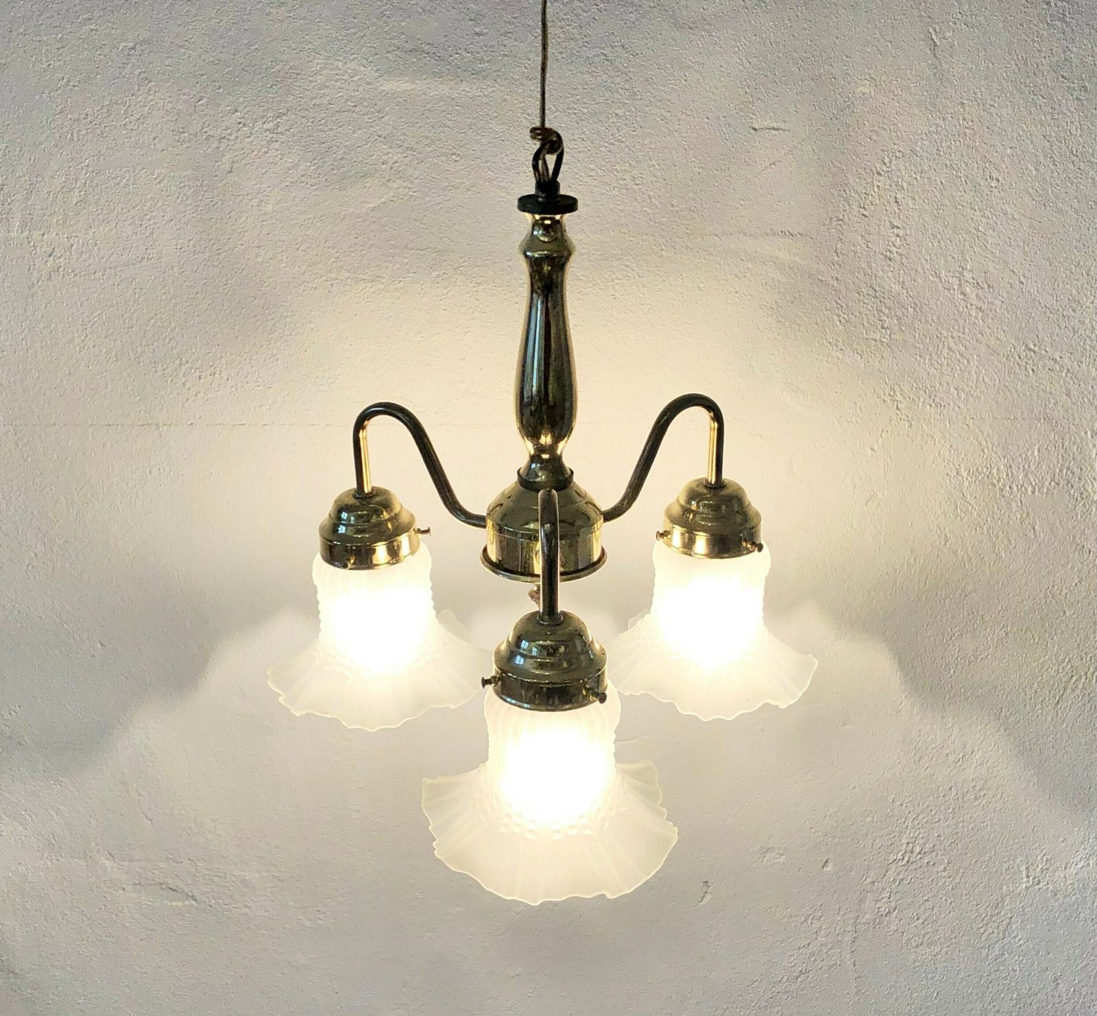 Danish Mid Century Beautiful And Romantic Three Armed Ceiling Lamp With Patterned Glass Shades And Gold Metal Details photo Lighting