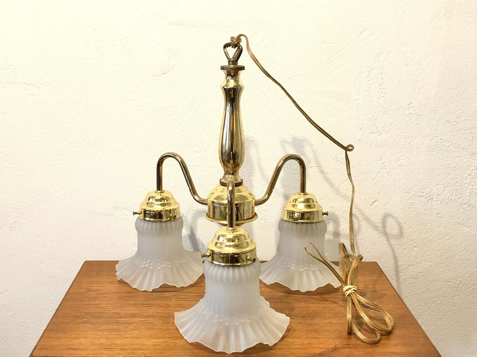 Danish Mid Century Beautiful And Romantic Three Armed Ceiling Lamp With Patterned Glass Shades And Gold Metal Details photo vintage