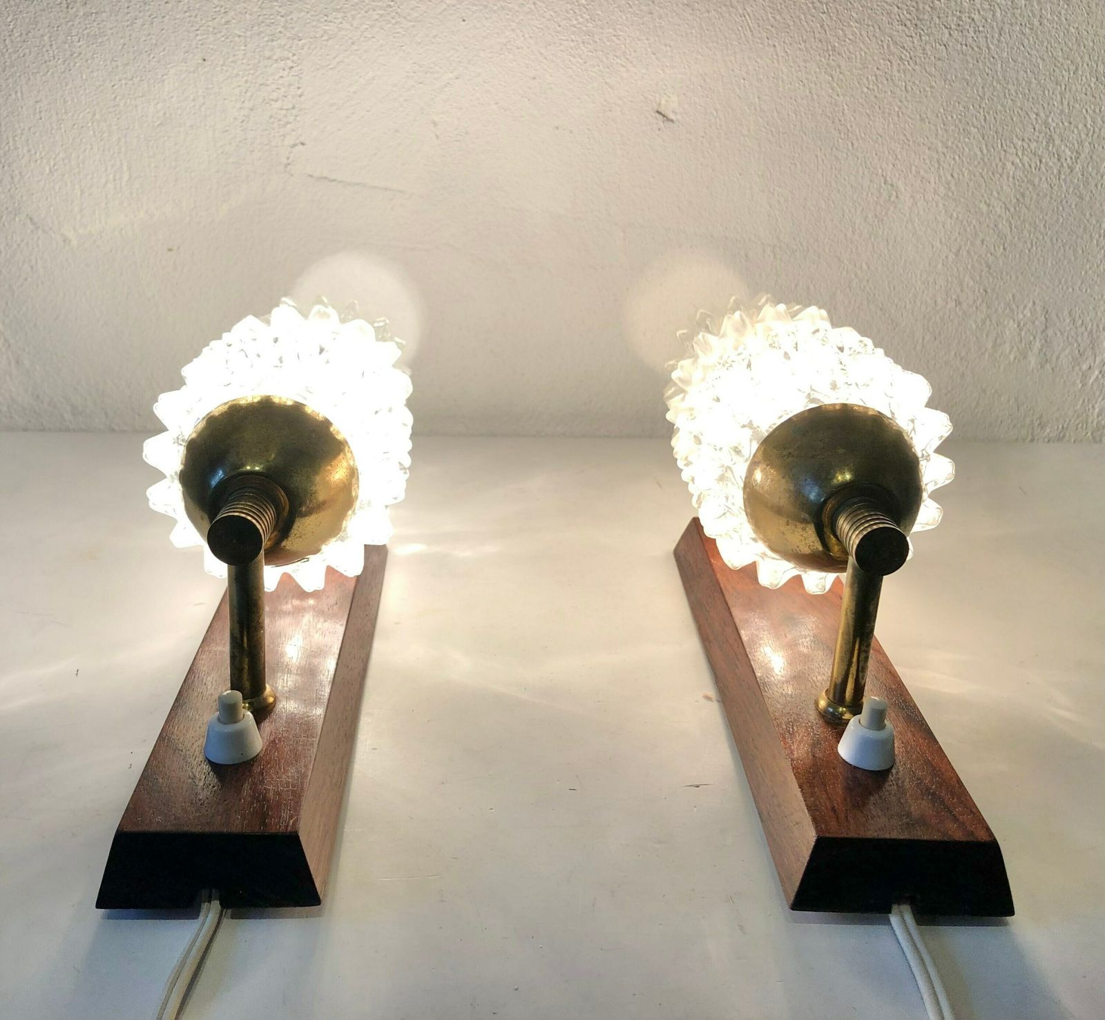 Pair Of Danish Mid Century Teak Wood Wall Lamps With Heavy Glass Shades In Spike Pattern   Design By J. Sommer photo for sale