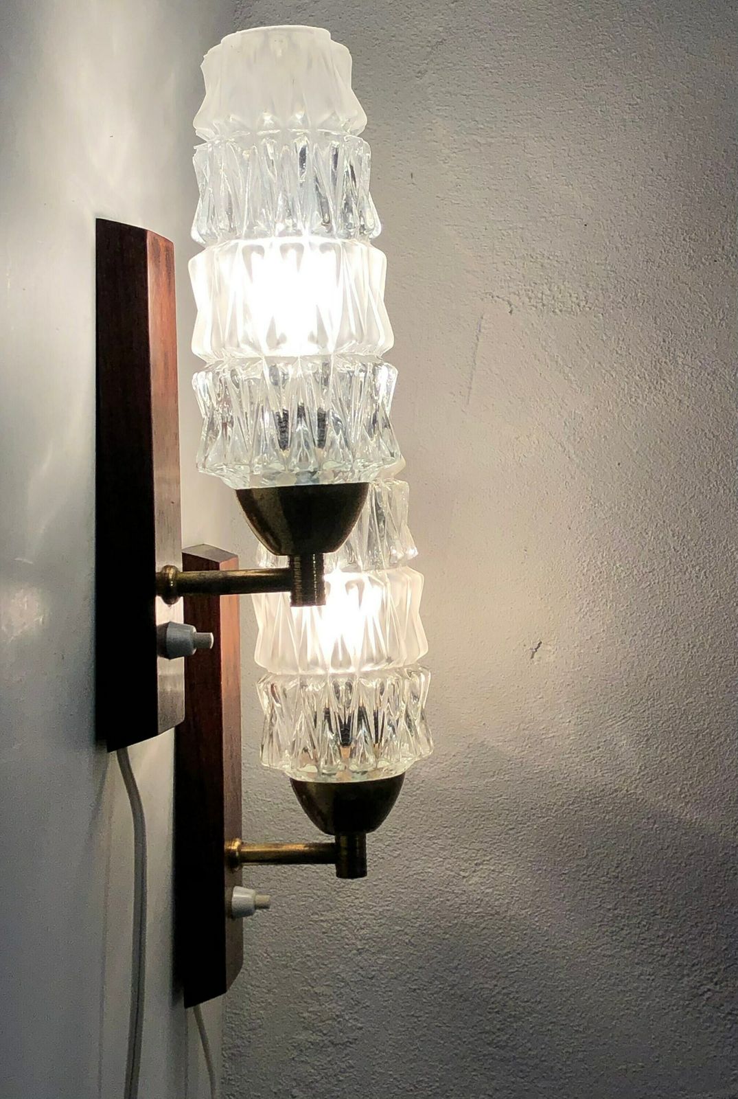 Pair Of Danish Mid Century Teak Wood Wall Lamps With Heavy Glass Shades In Spike Pattern   Design By J. Sommer photo Lighting