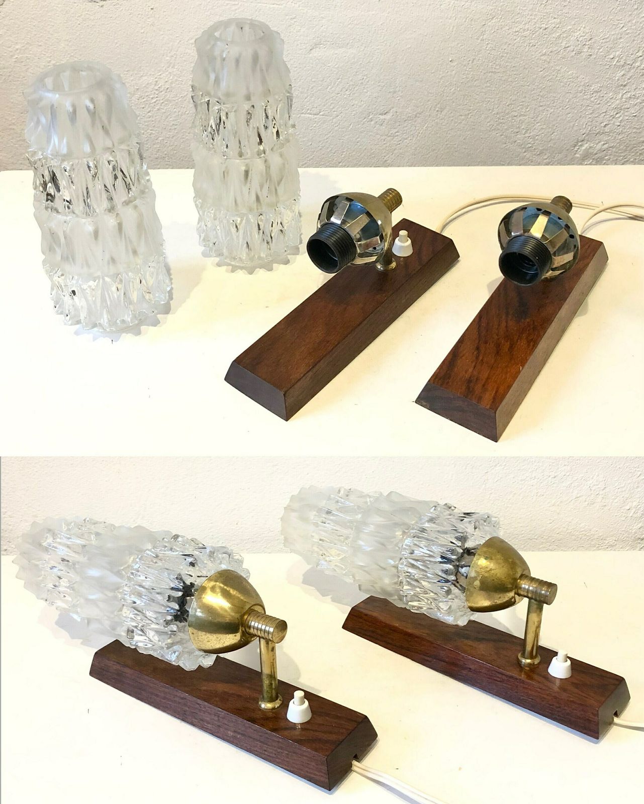 Pair Of Danish Mid Century Teak Wood Wall Lamps With Heavy Glass Shades In Spike Pattern   Design By J. Sommer photo vintage