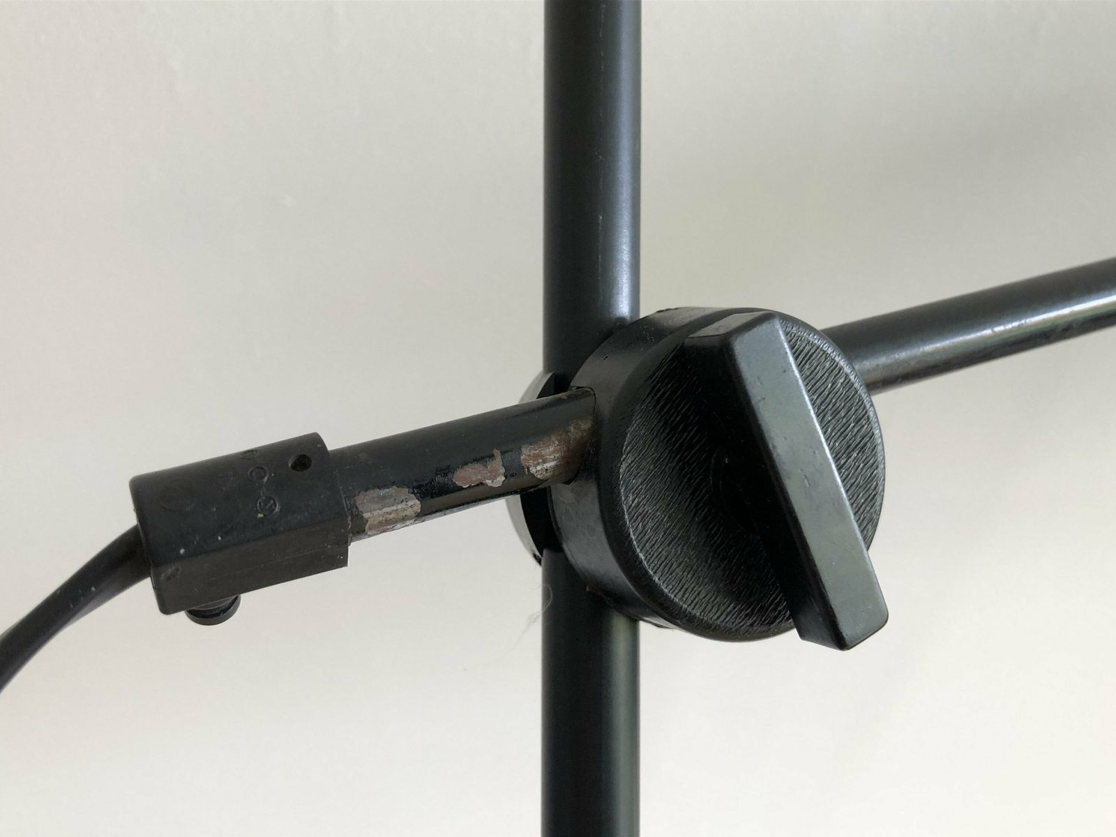 photo for sale Original Mid Century Modern Danish Floor Lamp In Perforated Metal With Black Paint And Adjustable Shade