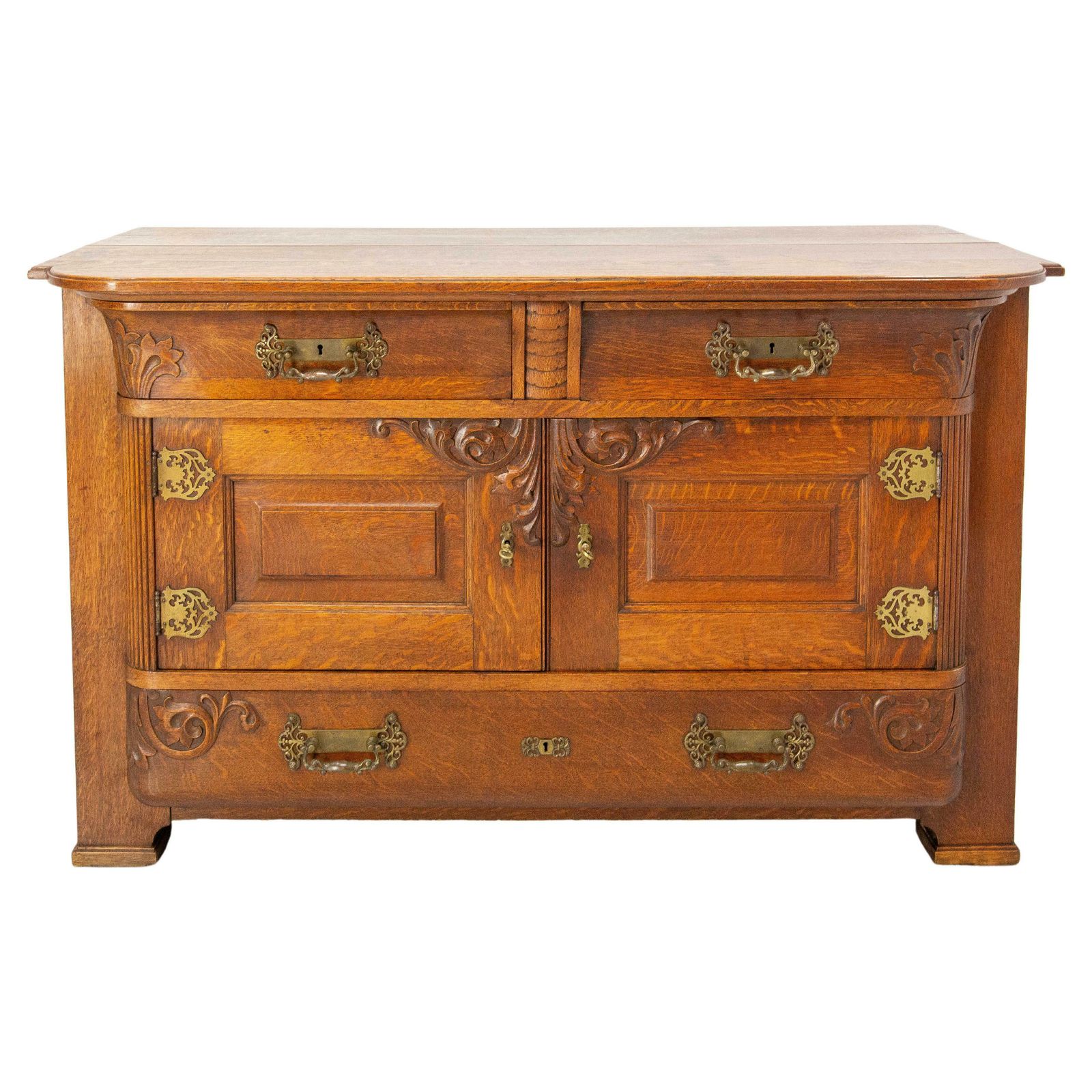 French Huge Oak & Bronze Buffet Neogothic Style Acanthus Leaves Circa 1900