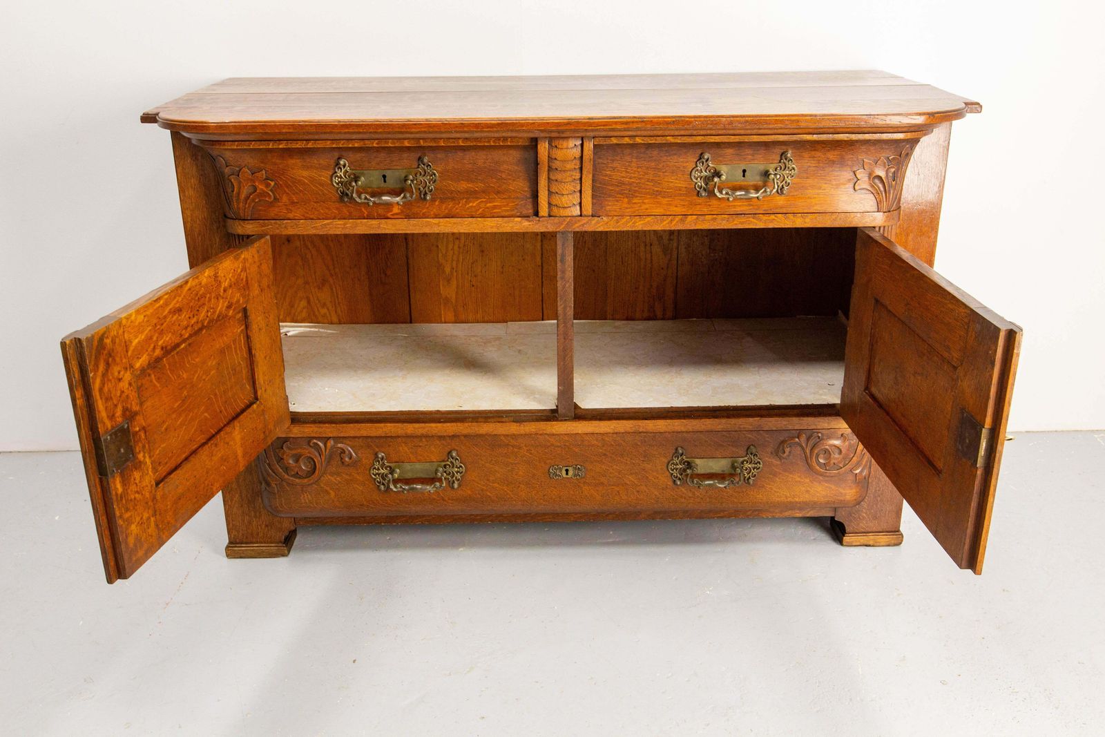 French Huge Oak & Bronze Buffet Neogothic Style Acanthus Leaves Circa 1900 photo vintage