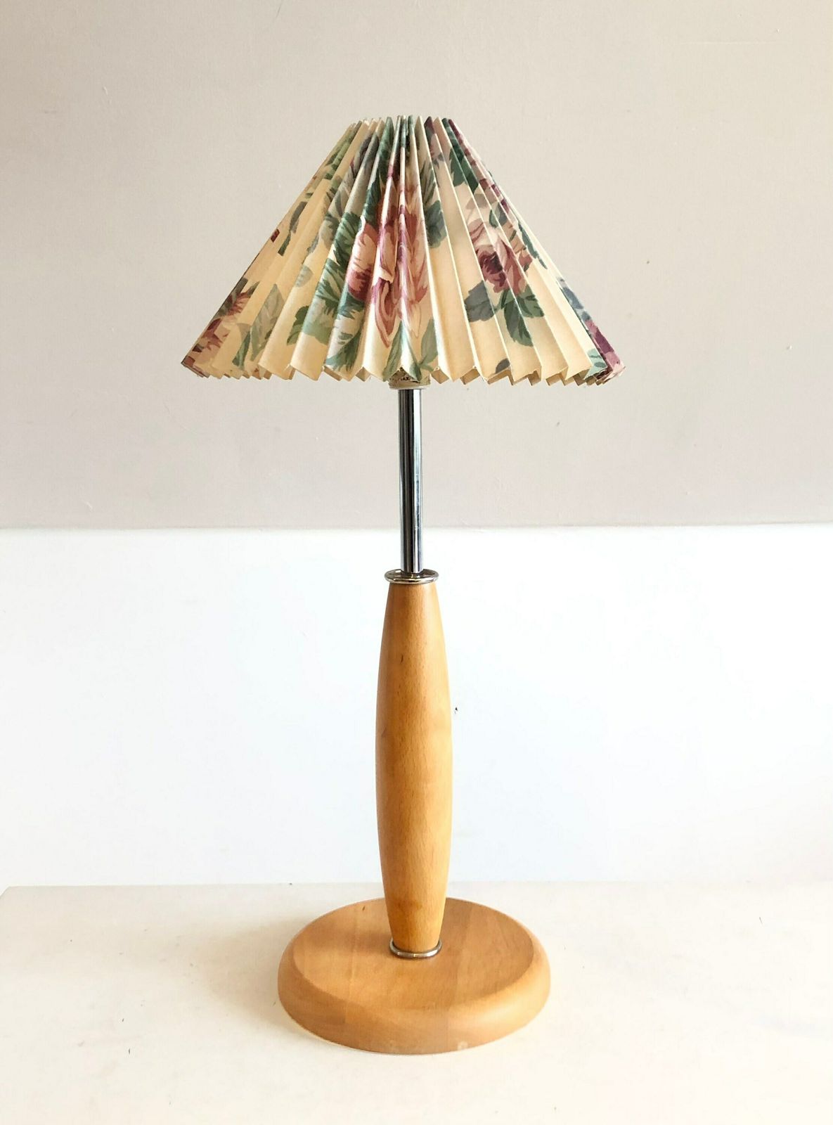 Danish Postmodern "Lotus" Table Lamp In Wood With Chrome Details And Flower Pattern Pleated Shade   Design From Design Light photo Lighting
