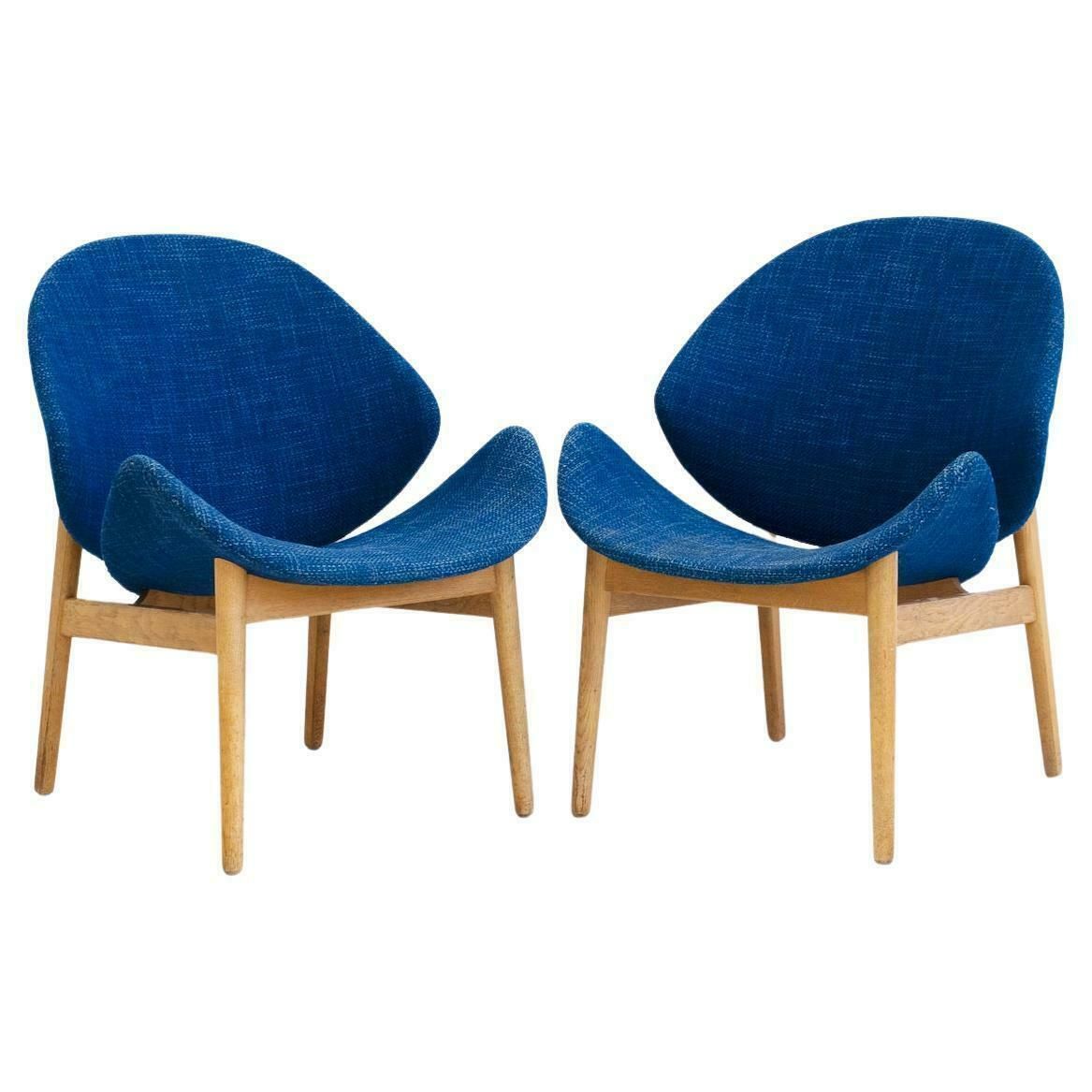 Pair Of Blue Hans Olsen Model 134 Oak Chairs