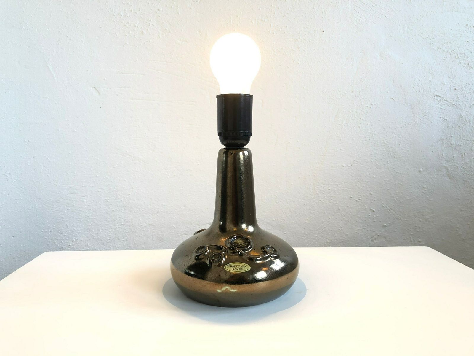 Danish Mid Century Ceramic Table Lamp In Dark Golden Glaze And Organic Pattern   Design From Frank Keramik photo vintage