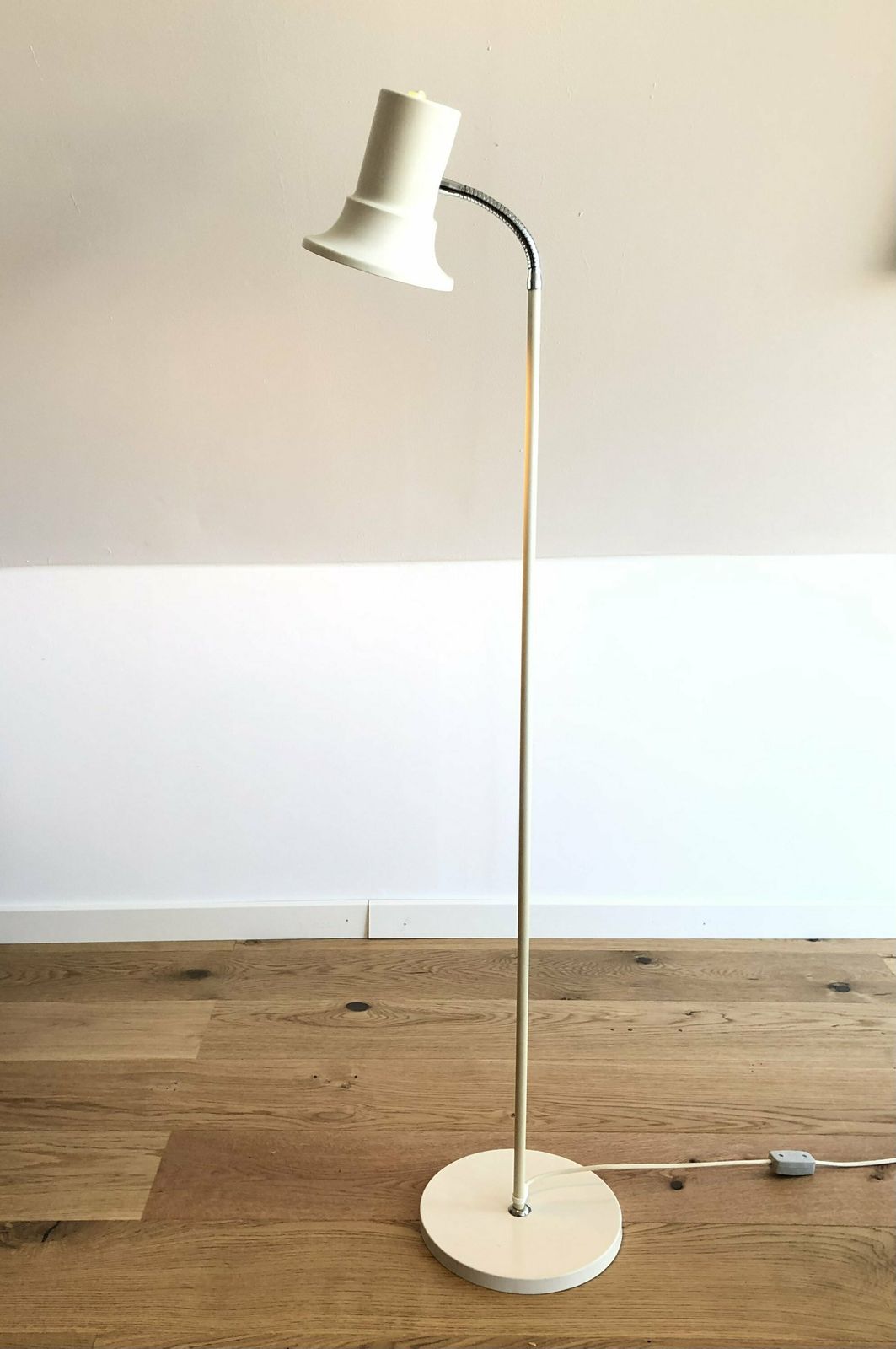 Danish Minimalist Mid Century Vintage Design Floor Lamp In White With Chrome Details And Adjustable Shade photo Lighting