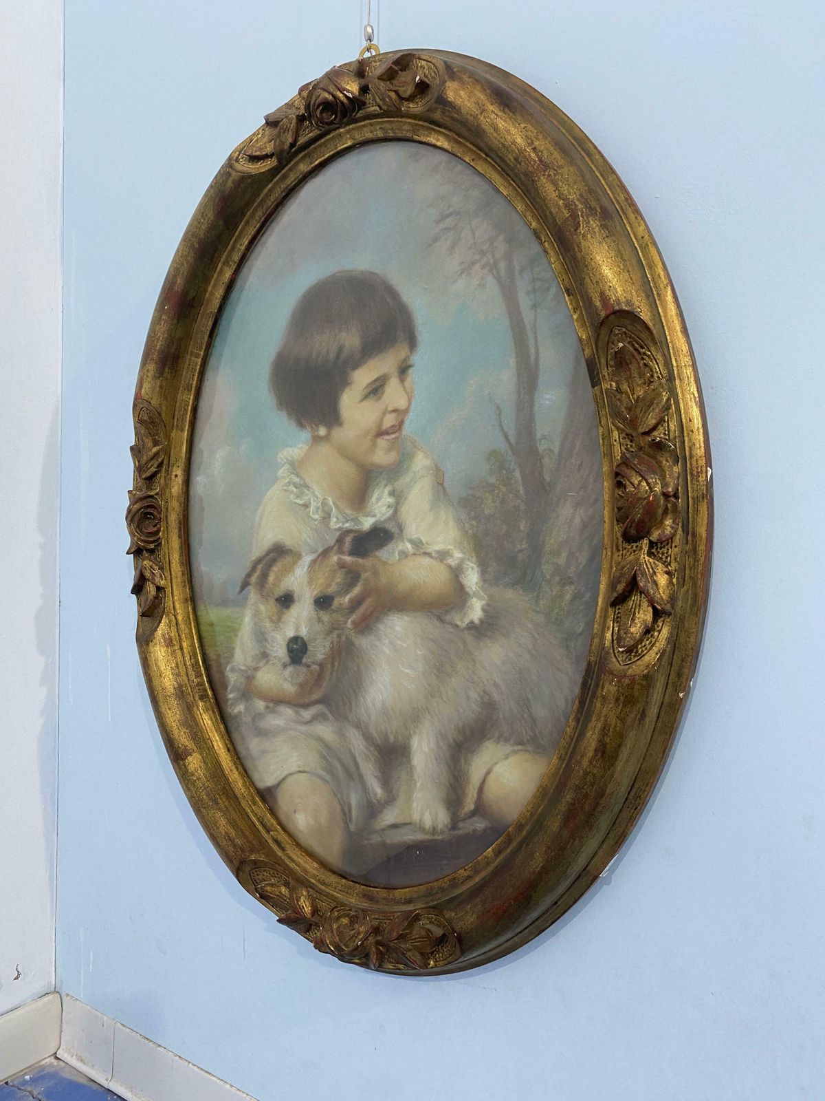 Antique French Pastel Painting "Portrait Of Little Girl With Dog" 1925 Signed photo vinterior