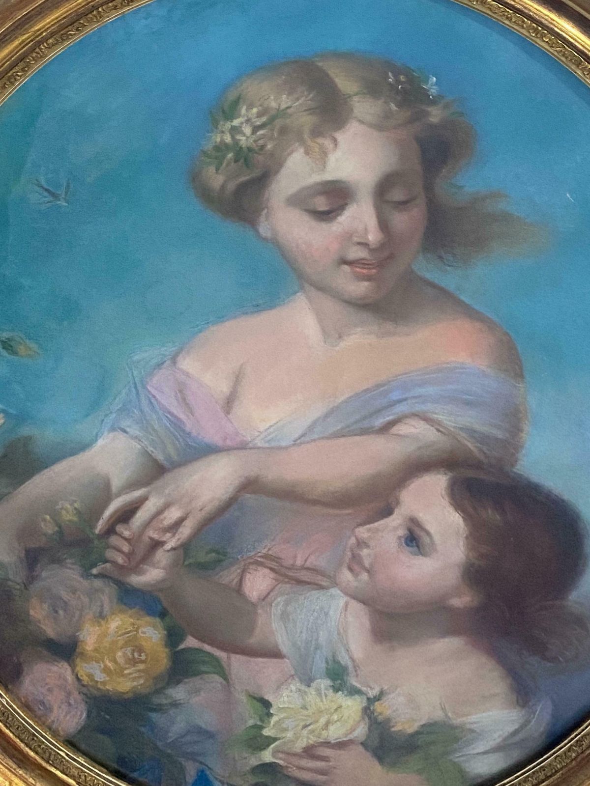 Antique French Pastel Painting "Mother With Child" From The Early 1900s photo vintage