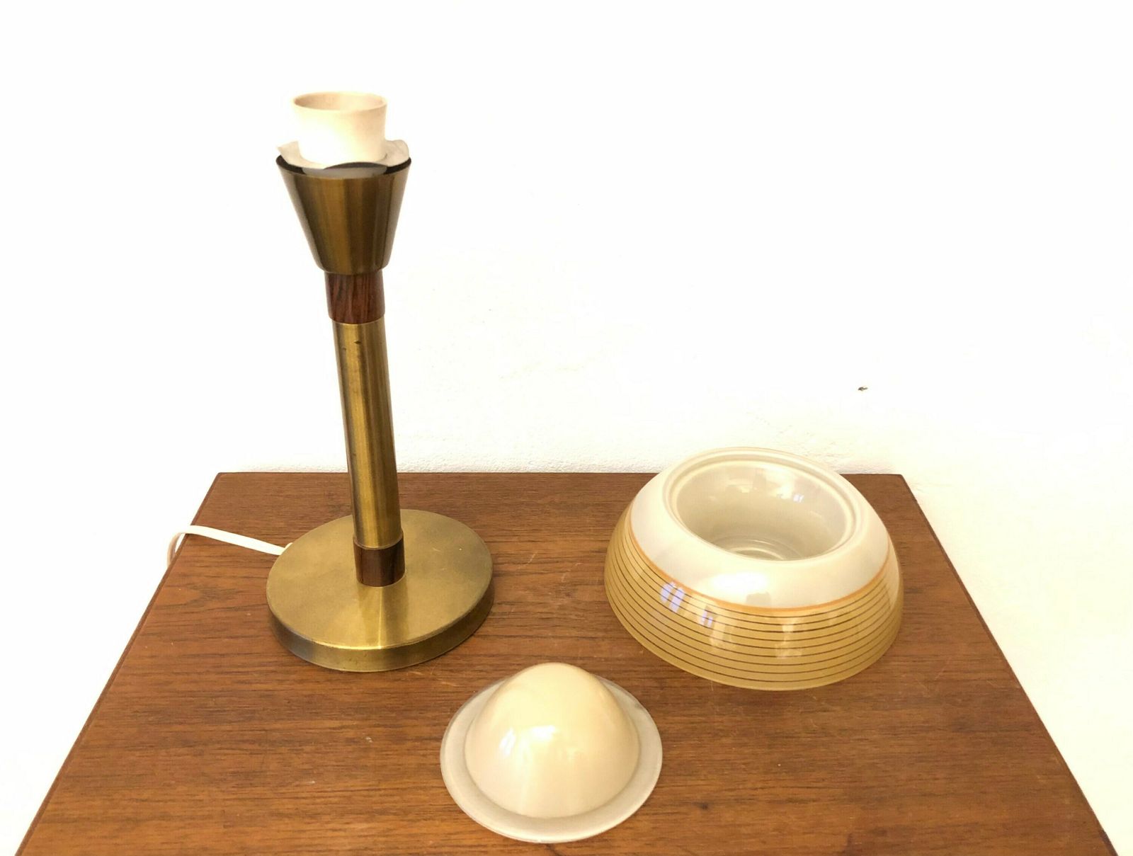 Danish Early Mid Century Table Lamp In Brass With Rare “Fried Egg” Glass Shade And Palisander Details photo buy