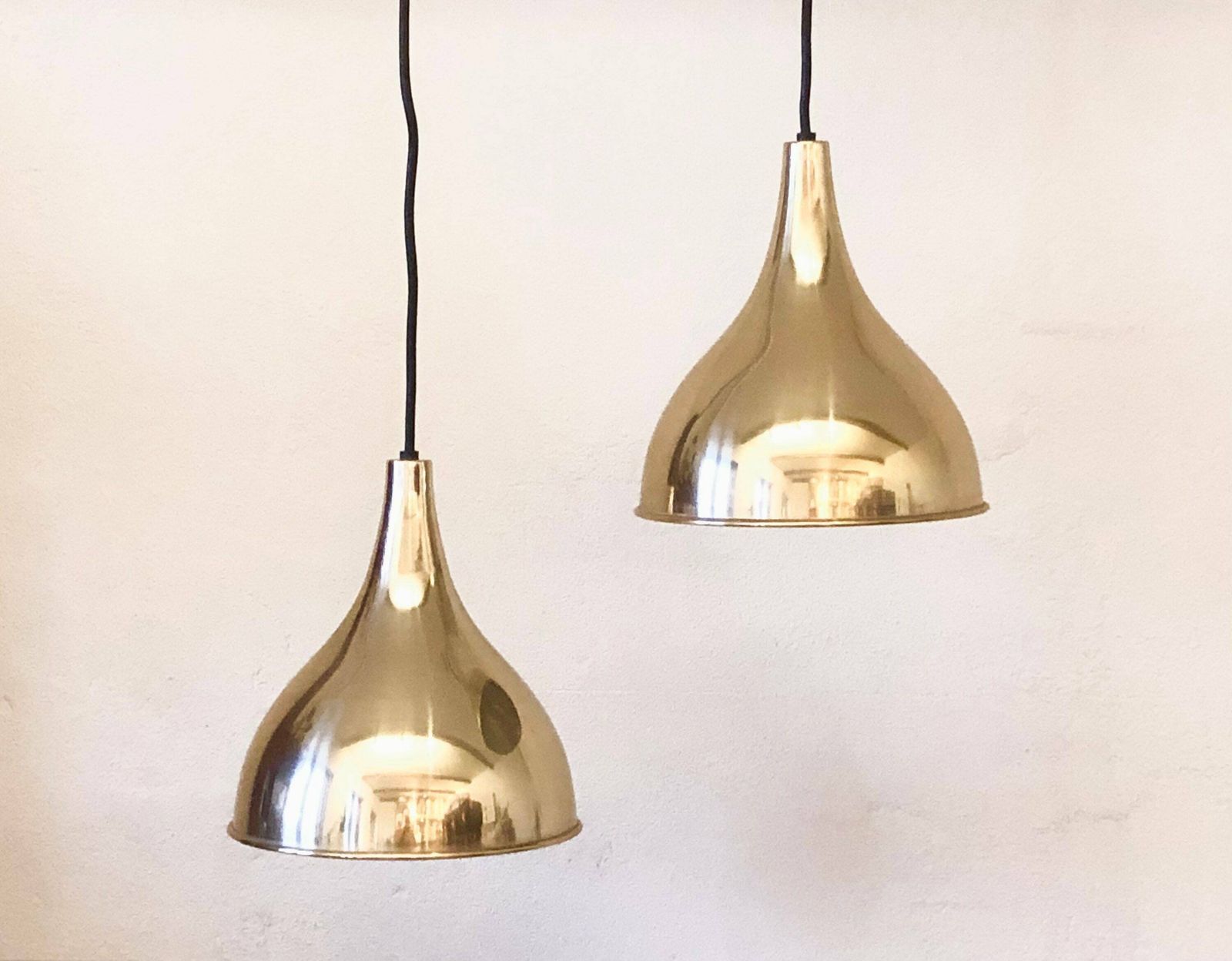 Pair Of Jo Hammerborg Danish Mid Century Modern “Silhuet” Ceiling Lamps In Gold Designed For Fog & Mørup photo furniture
