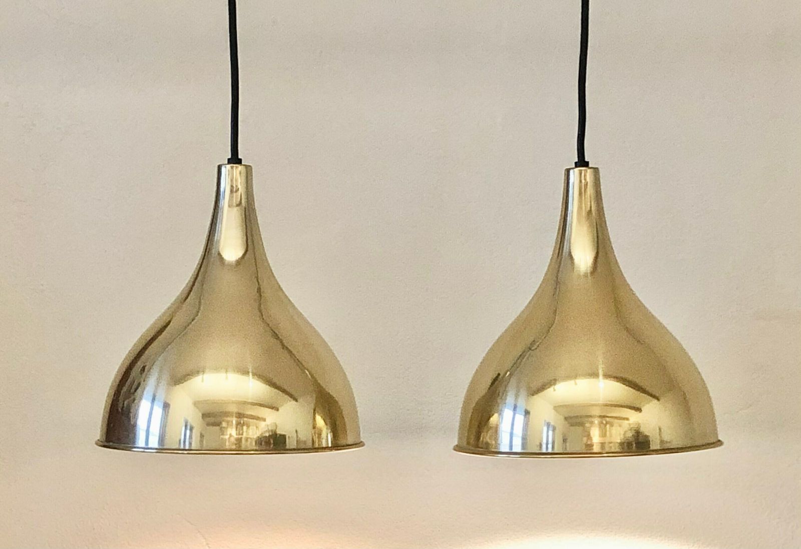 Pair Of Jo Hammerborg Danish Mid Century Modern “Silhuet” Ceiling Lamps In Gold Designed For Fog & Mørup photo Lighting