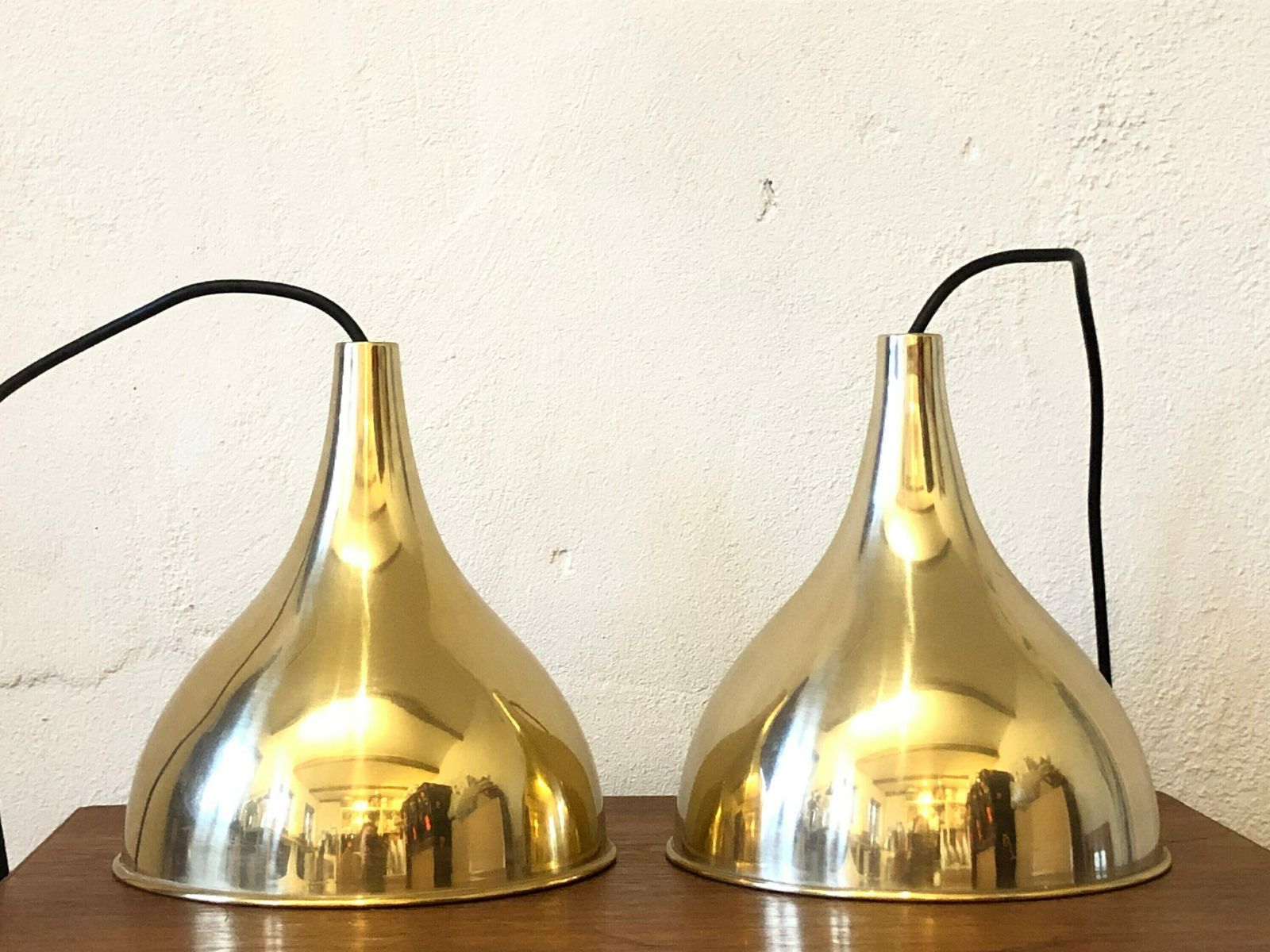 Pair Of Jo Hammerborg Danish Mid Century Modern “Silhuet” Ceiling Lamps In Gold Designed For Fog & Mørup photo vinterior