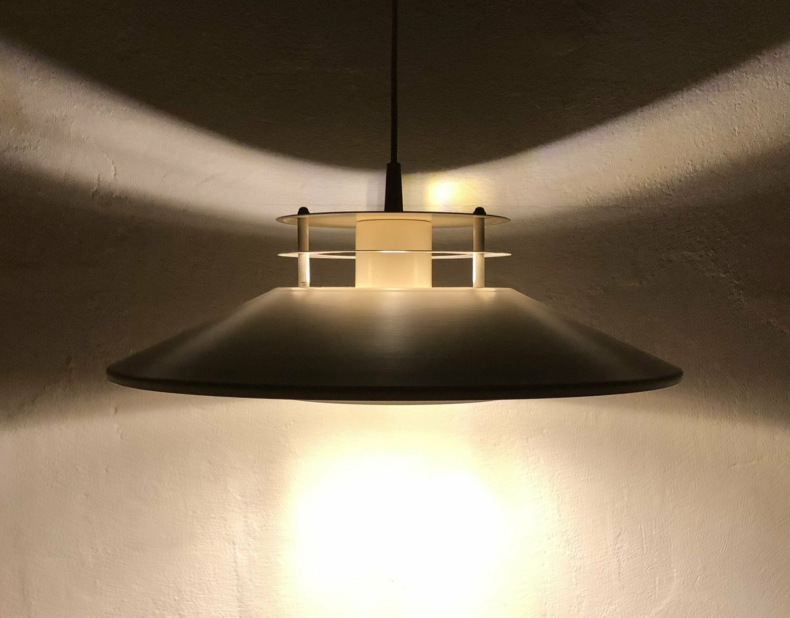 Danish Mid Century Modern Ceiling Lamp In Off White Metal With Multilayer Shades In Minimalist Design photo for sale