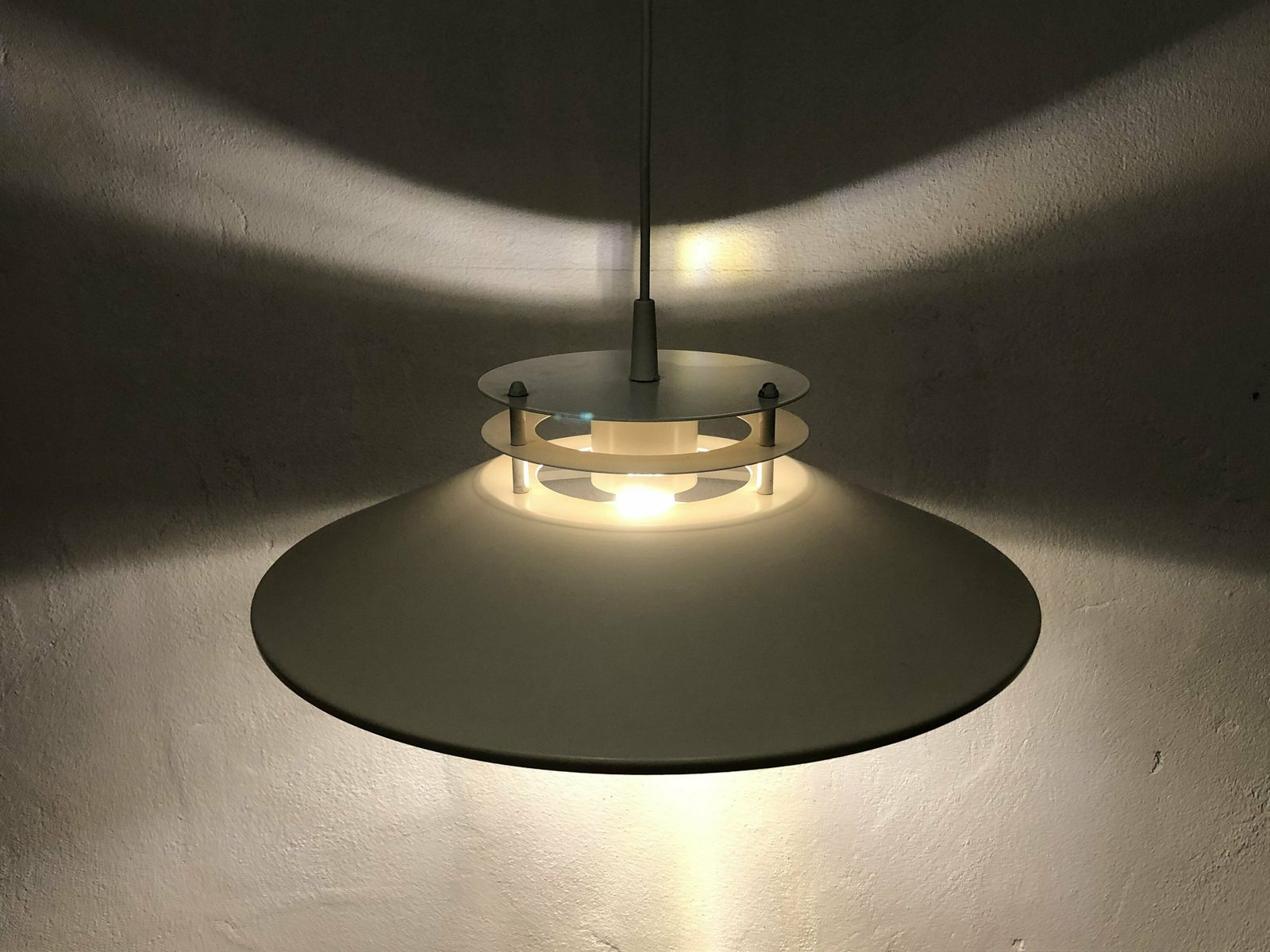 Danish Mid Century Modern Ceiling Lamp In Off White Metal With Multilayer Shades In Minimalist Design photo Lighting