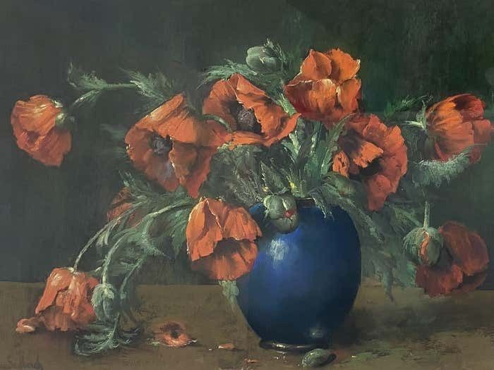 Pastel Painting Vase With Flowers Signed Jaak Van Den Seylbergh  Belgium 1950s photo furniture