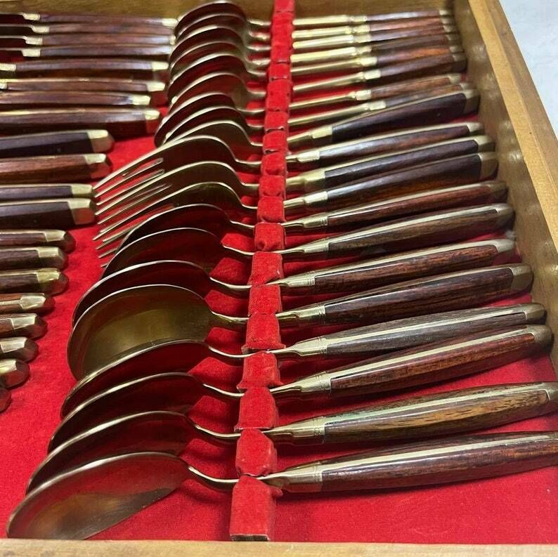 Italian Mid Century Teak Handled 100 Piece Table Setting Set / Flatware photo furniture