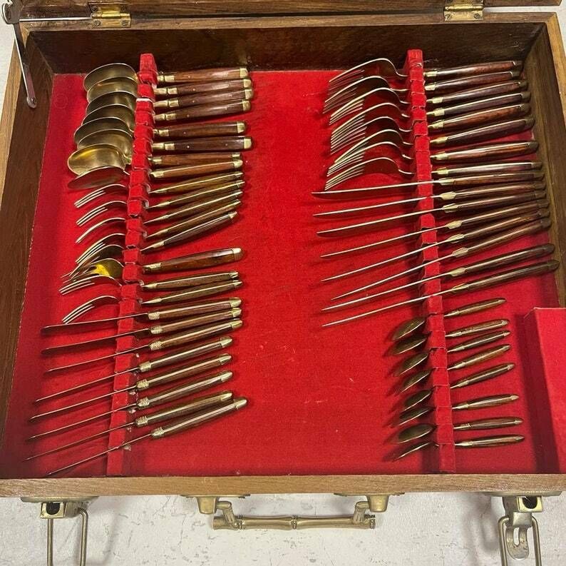 Italian Mid Century Teak Handled 100 Piece Table Setting Set / Flatware photo 875.0