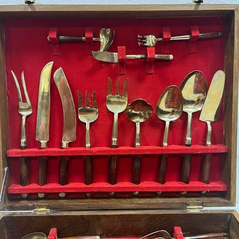 Italian Mid Century Teak Handled 100 Piece Table Setting Set / Flatware photo vinterior