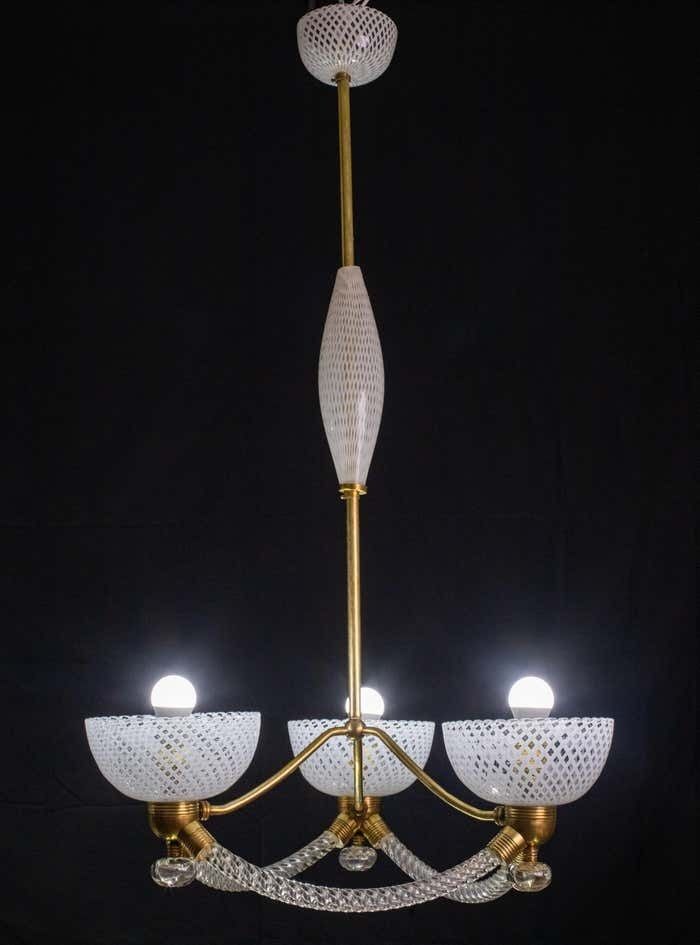 Elegant Art Deco Reticello Murano Glass Chandelier By Venini, 1940 photo Lighting