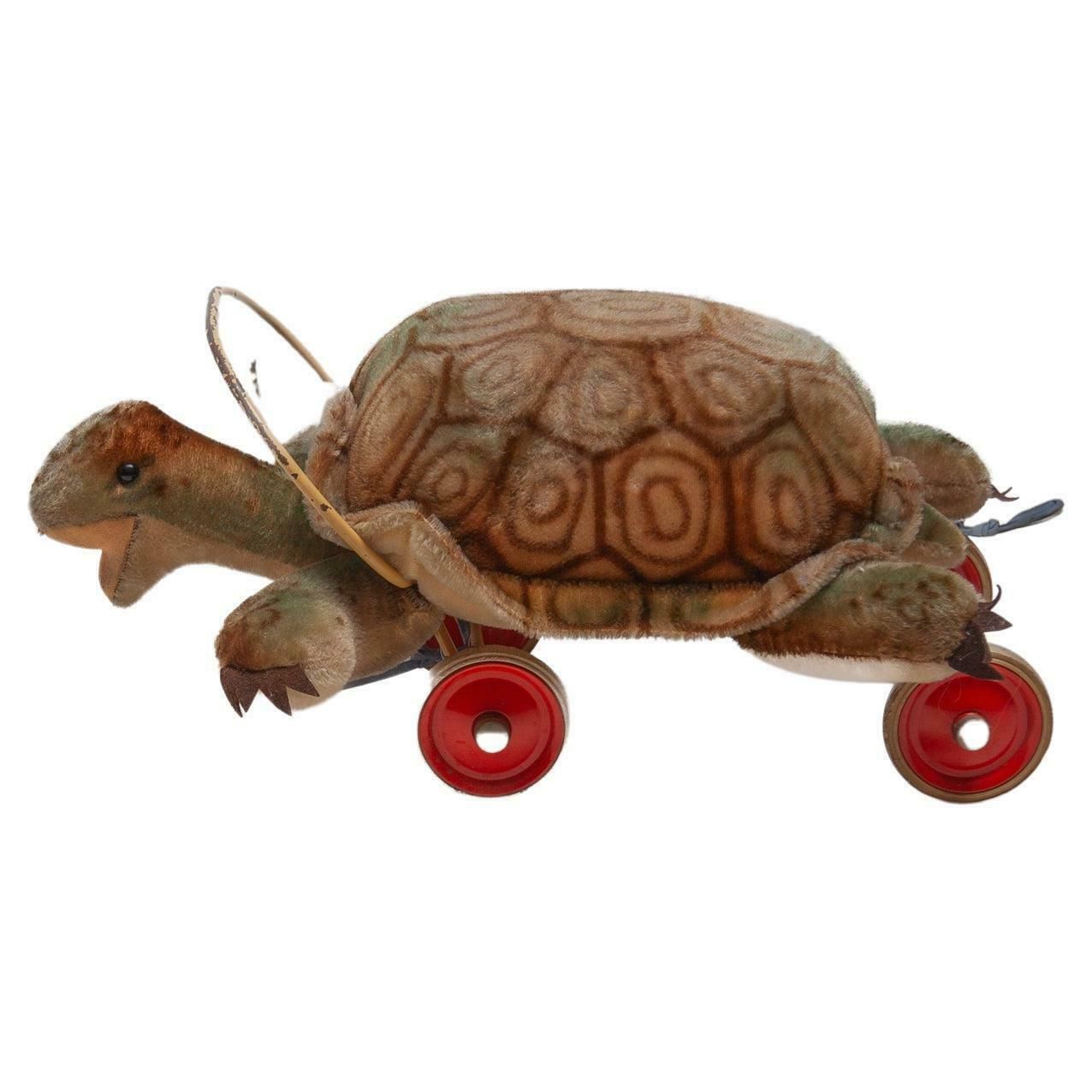 Children Steiff Large Plush Turtle Toy With Glass Button Eyes 1960s And Wheels