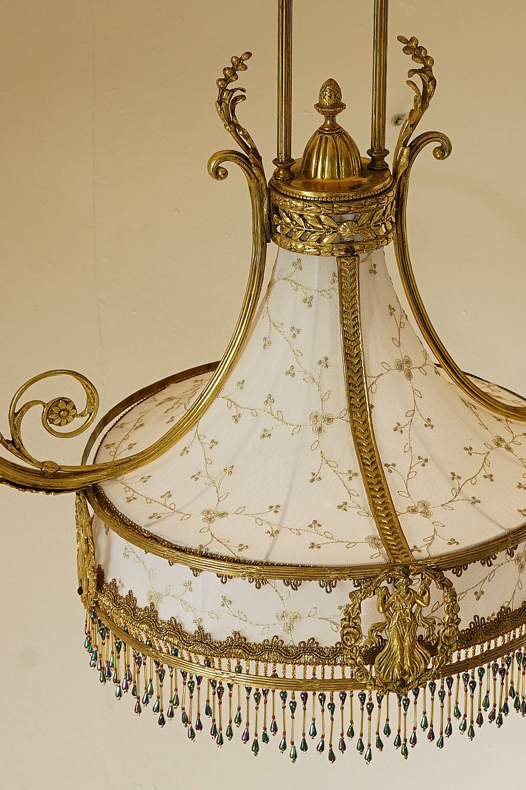 Lighting Art Nouveau Brass Chandelier, With A White And Gold Tulle Fabric Lampshade photo