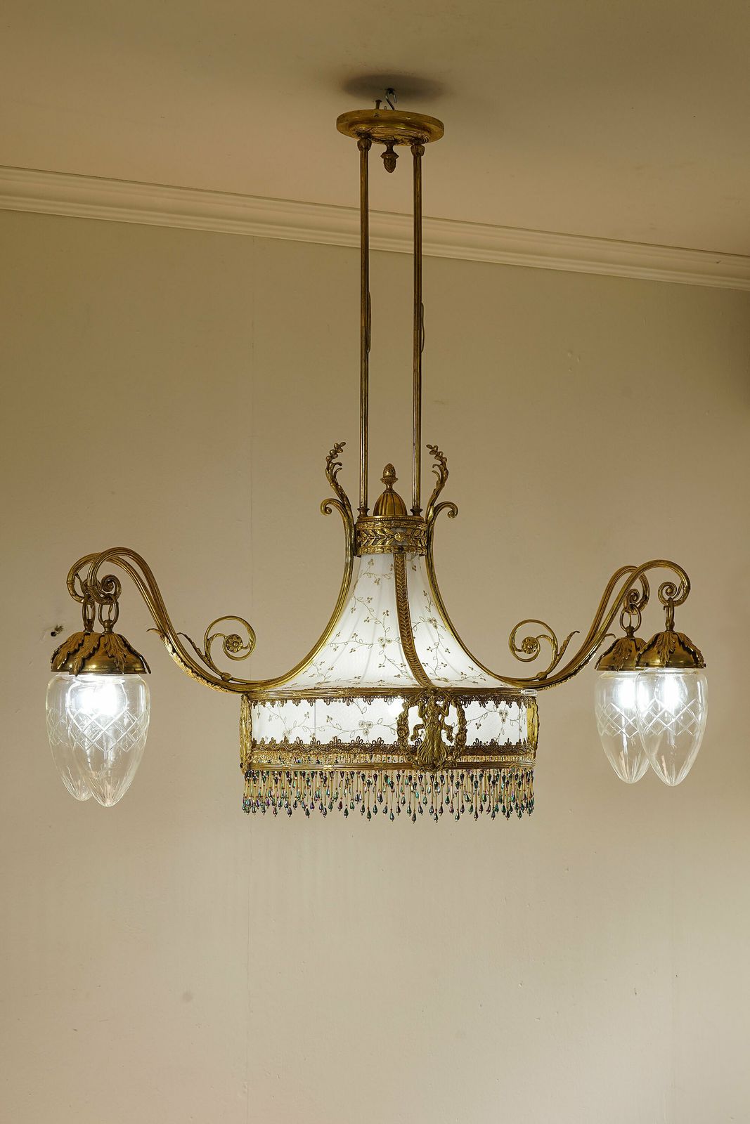 Art Nouveau Brass Chandelier, With A White And Gold Tulle Fabric Lampshade photo Lighting