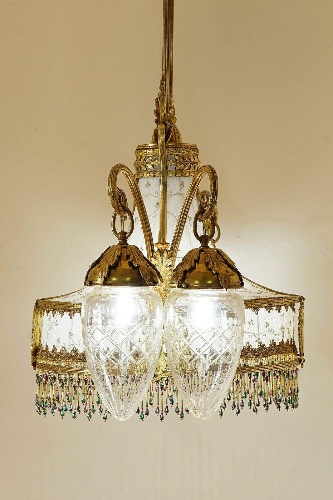 Art Nouveau Brass Chandelier, With A White And Gold Tulle Fabric Lampshade photo furniture