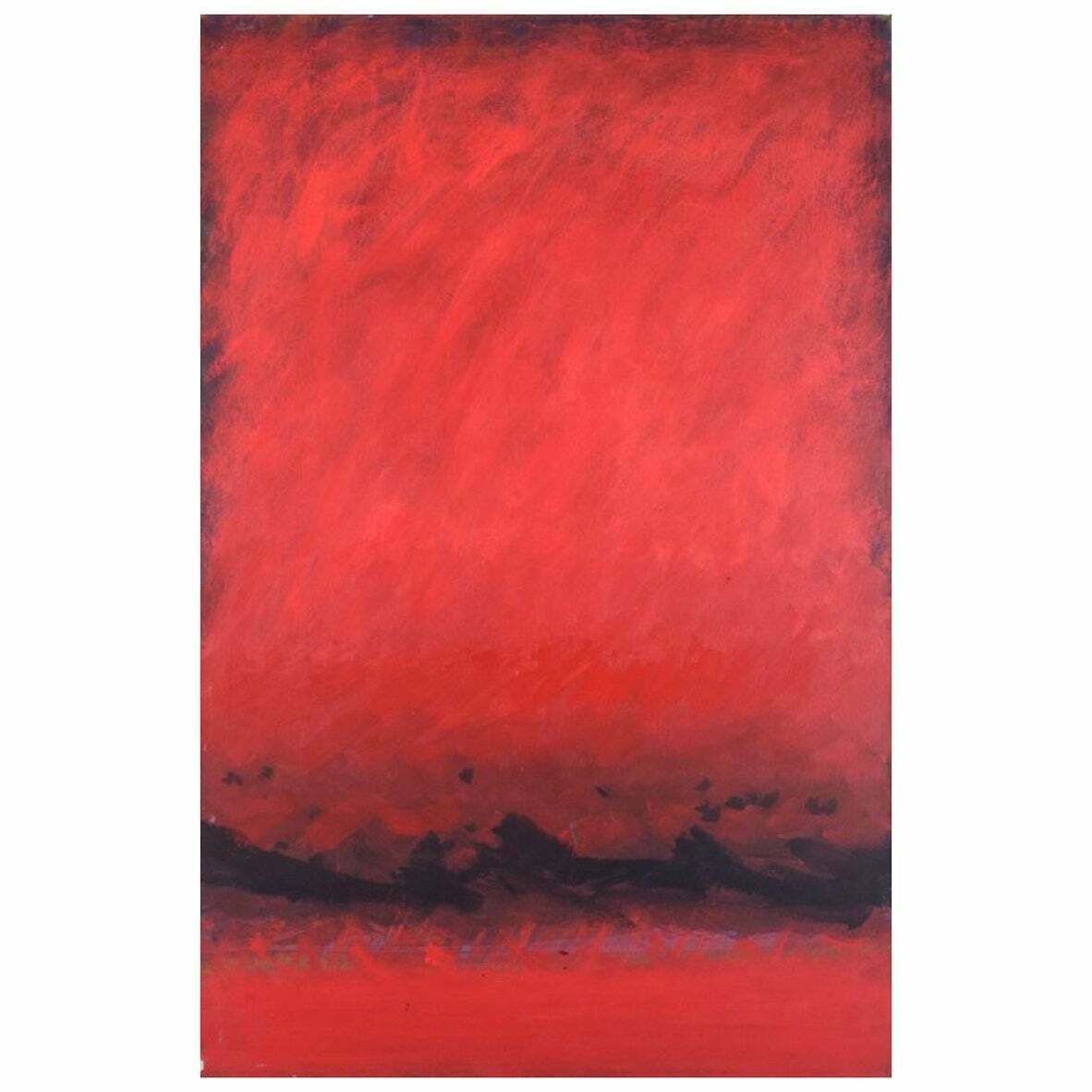 Monique Beucher, French Artist. Gouache On Canvas. Abstract Composition In Red.