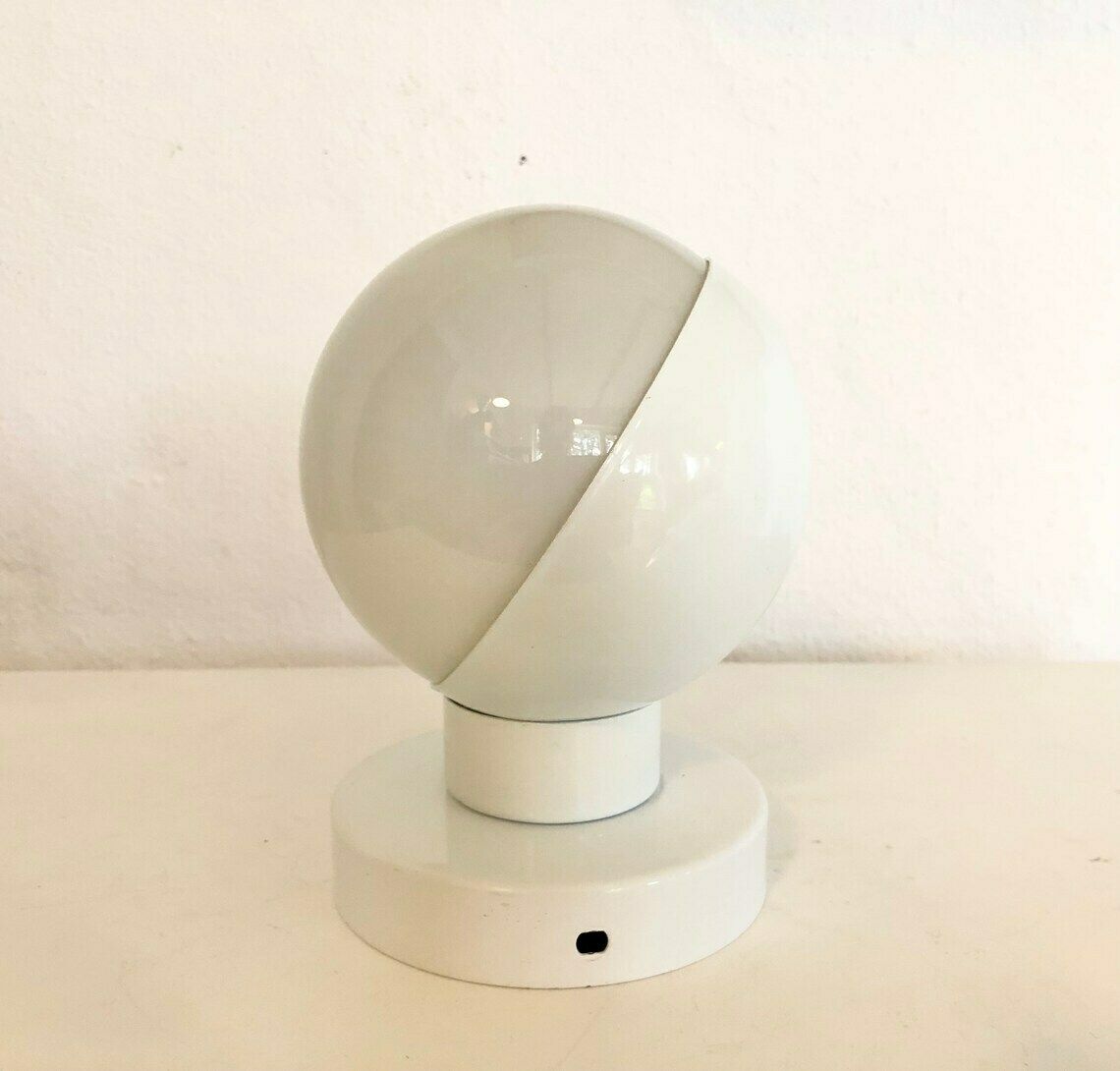 Danish Vintage Minimalist Space Age Ball Table Or Wall Lamp With Eclipse Effect In Opal Glass And White Metal photo vintage