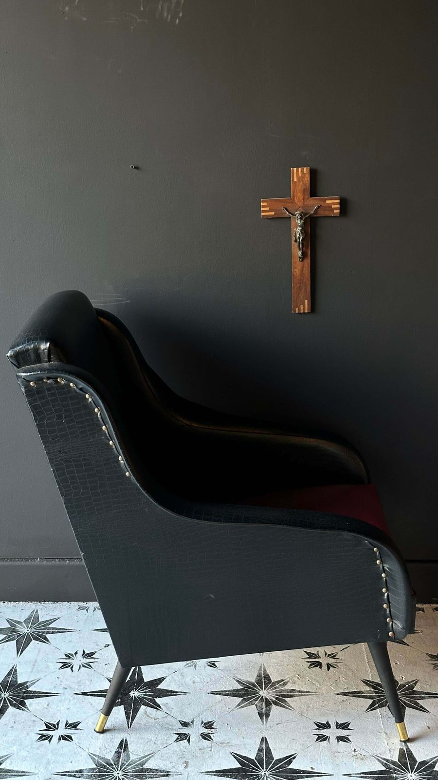 French Midcentury Faux Alligator Armchairs. Classic 1950’s Red/Black. Brass Feet. Set Of Three. photo for sale