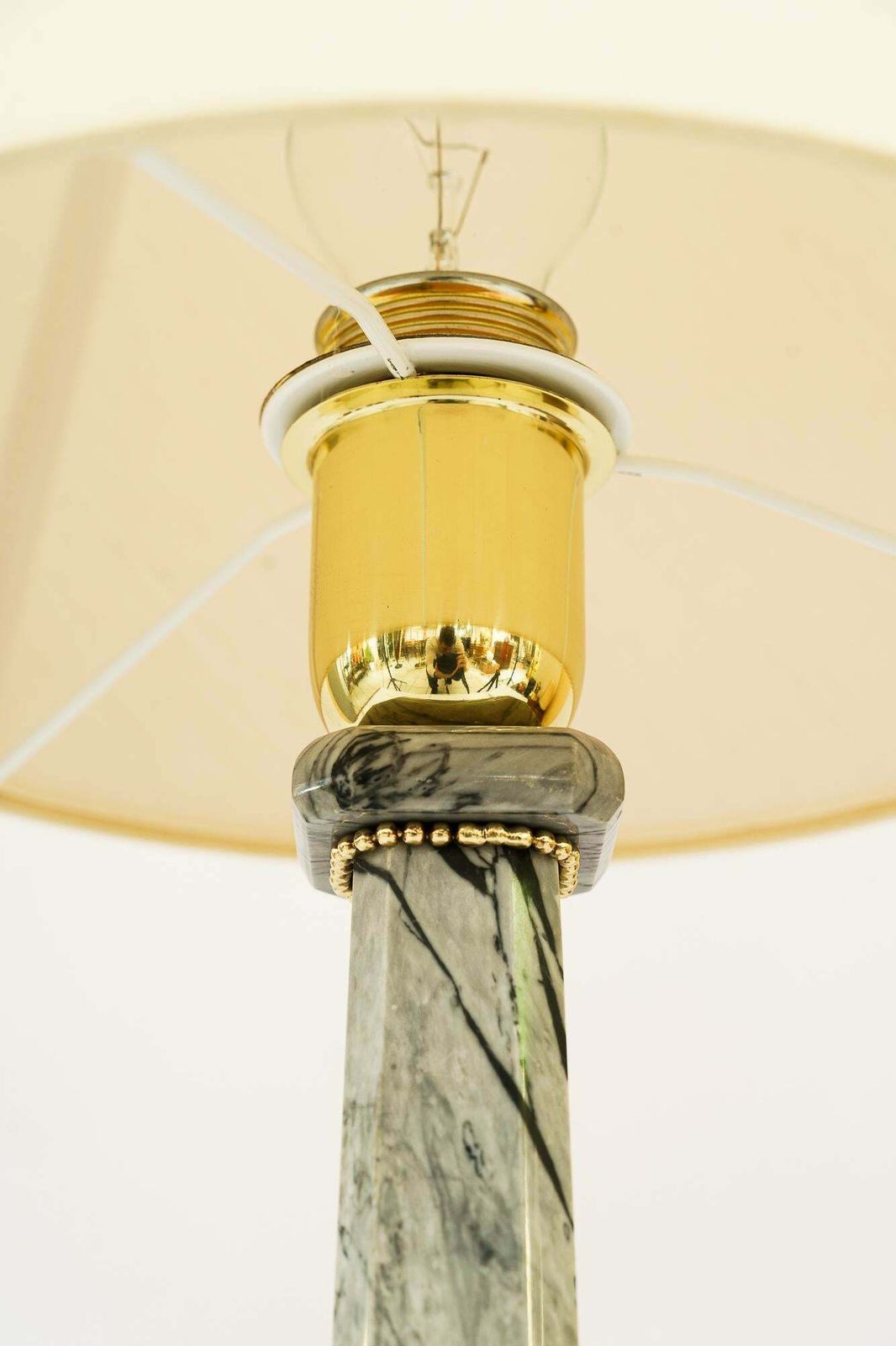 Art Deco Marble Table Lamp With Brass Parts And Fabric Shade Vienna Around 1920s photo vinterior