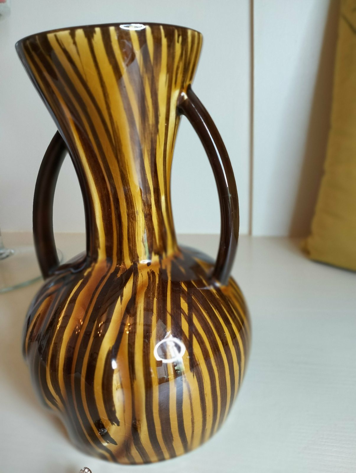 Vintage French Vase, Retro Vase, Brown Vase Domino Pattern By Sarreguemines France, Sarreguemines Domino Asymmetrical Ribbed Vase photo vintage