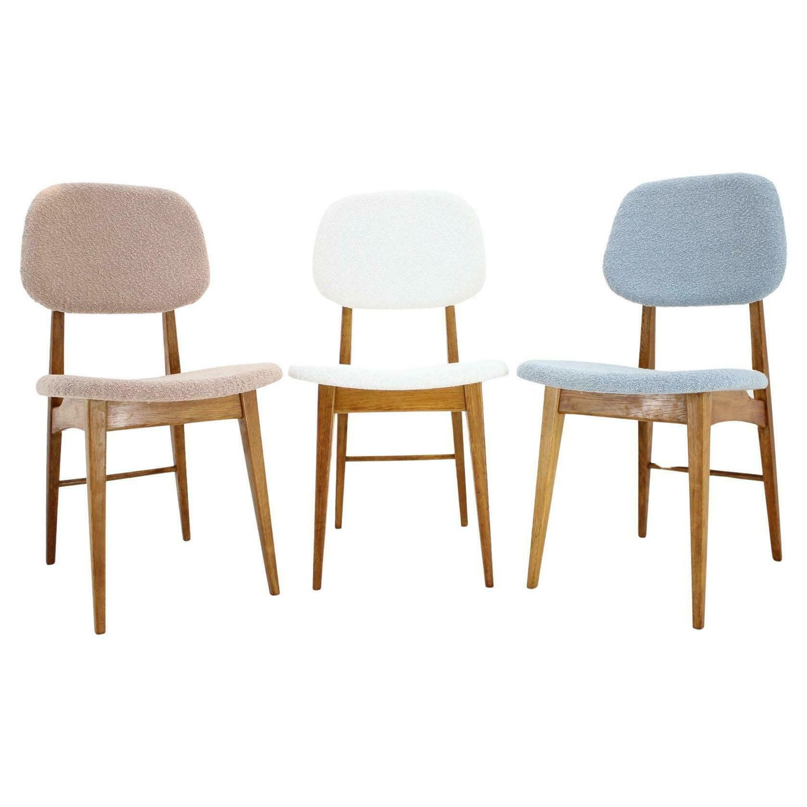 1960s Set Of Three Oak Dining Chairs In Boucle, Czechoslovakia
