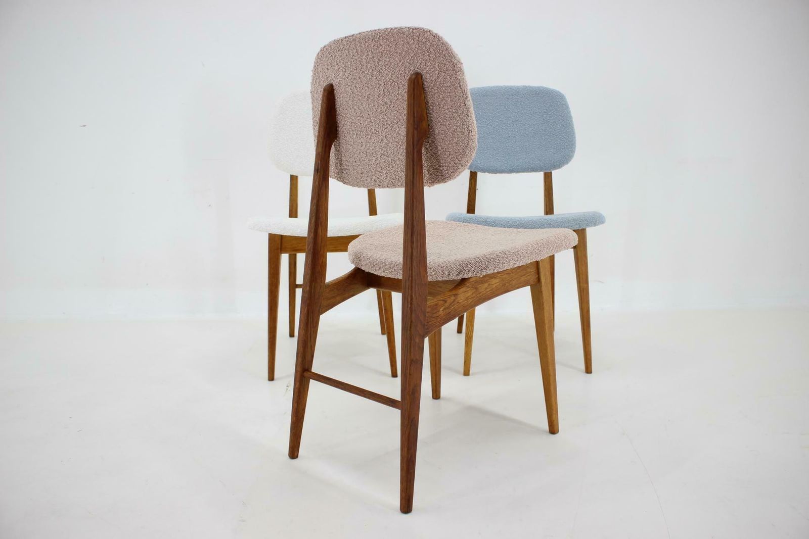 1960s Set Of Three Oak Dining Chairs In Boucle, Czechoslovakia photo buy