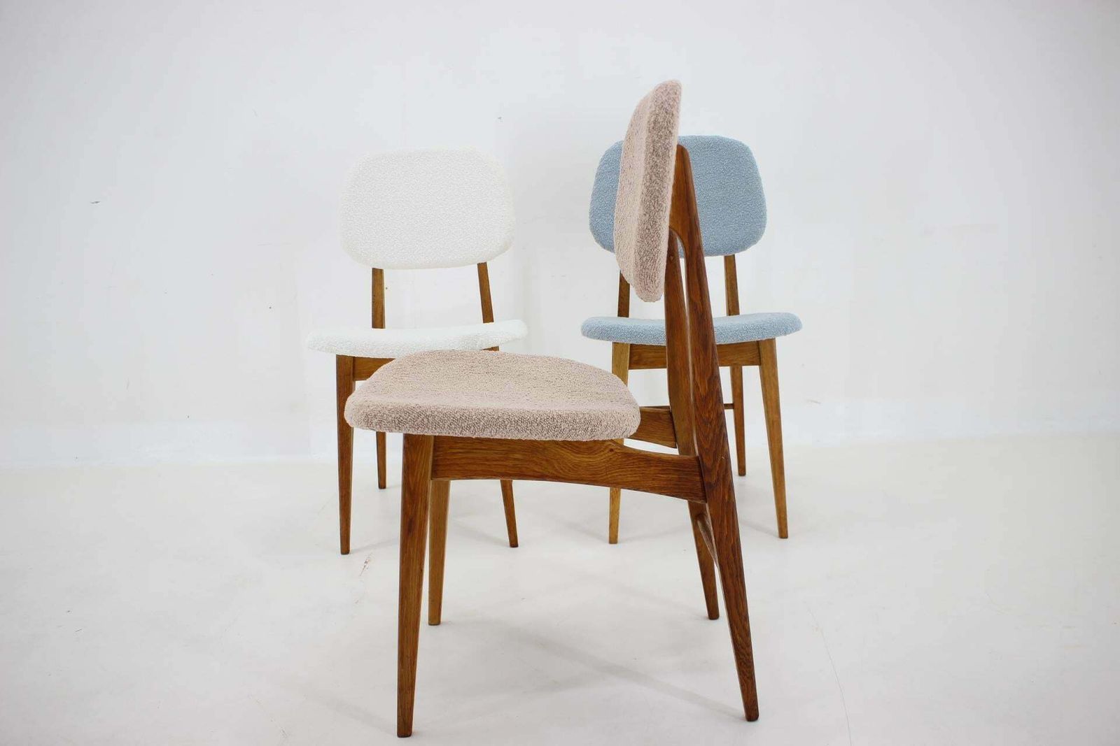 photo for sale 1960s Set Of Three Oak Dining Chairs In Boucle, Czechoslovakia
