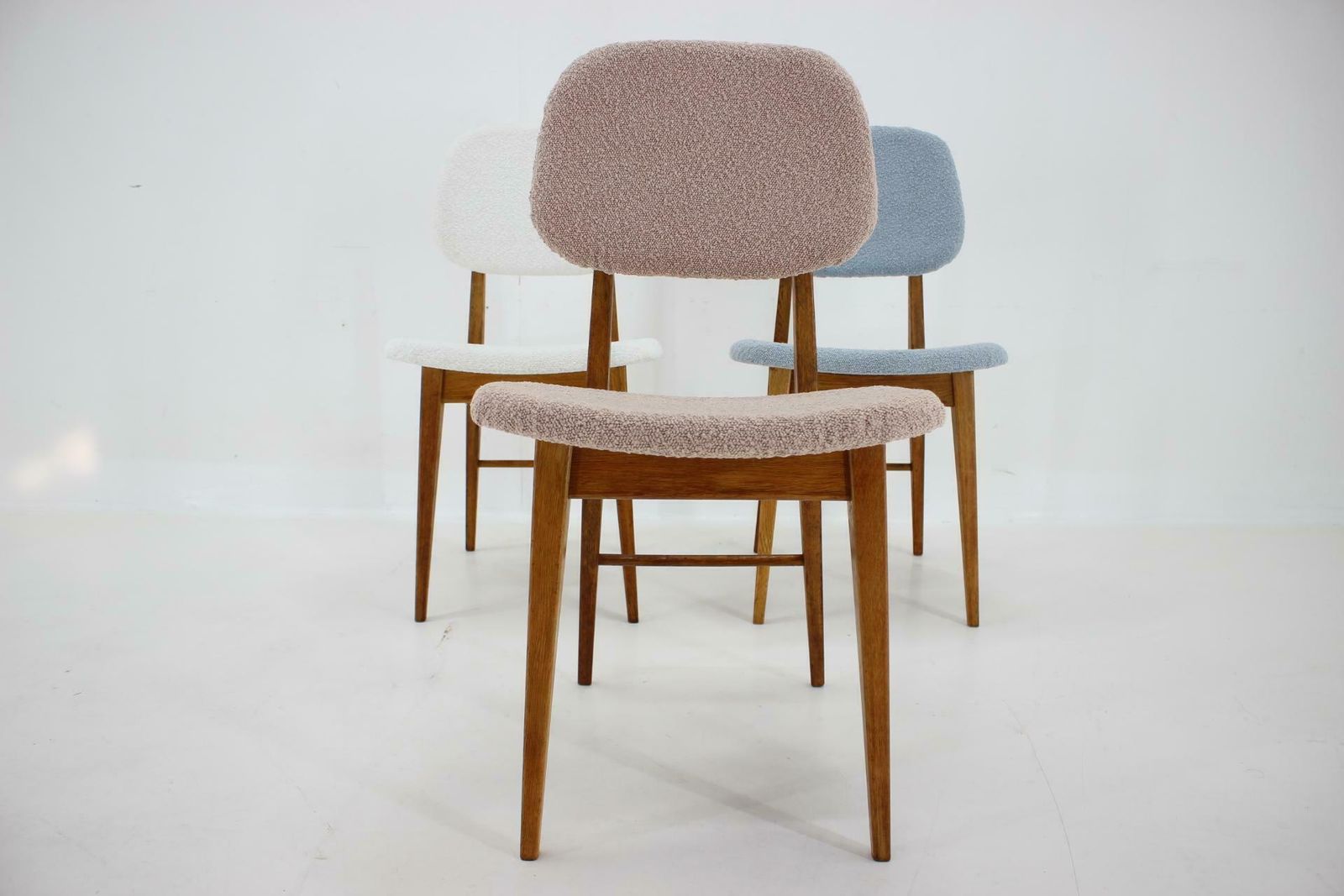807.0 1960s Set Of Three Oak Dining Chairs In Boucle, Czechoslovakia photo