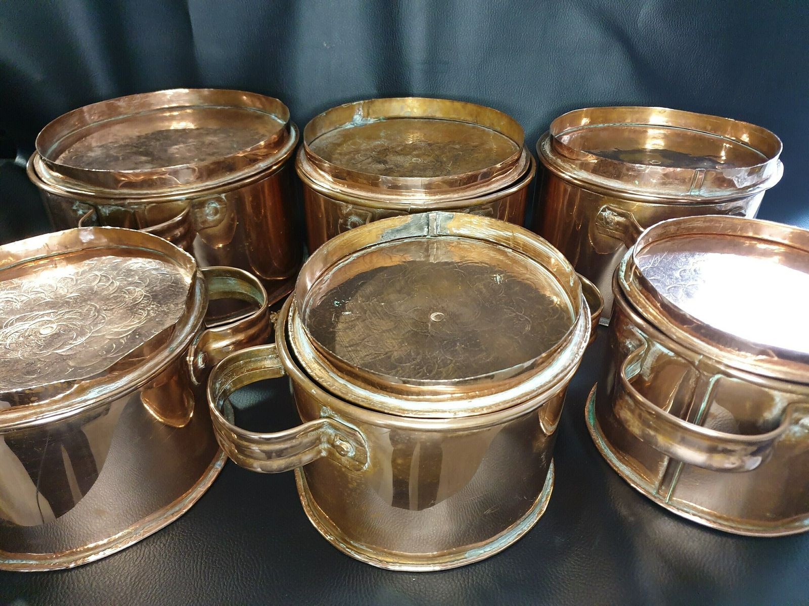 French Copper Pans, Vintage French Copper Pots, Six Solid Copper Pans With Lids, Kitchen Decor And Cookware photo for sale