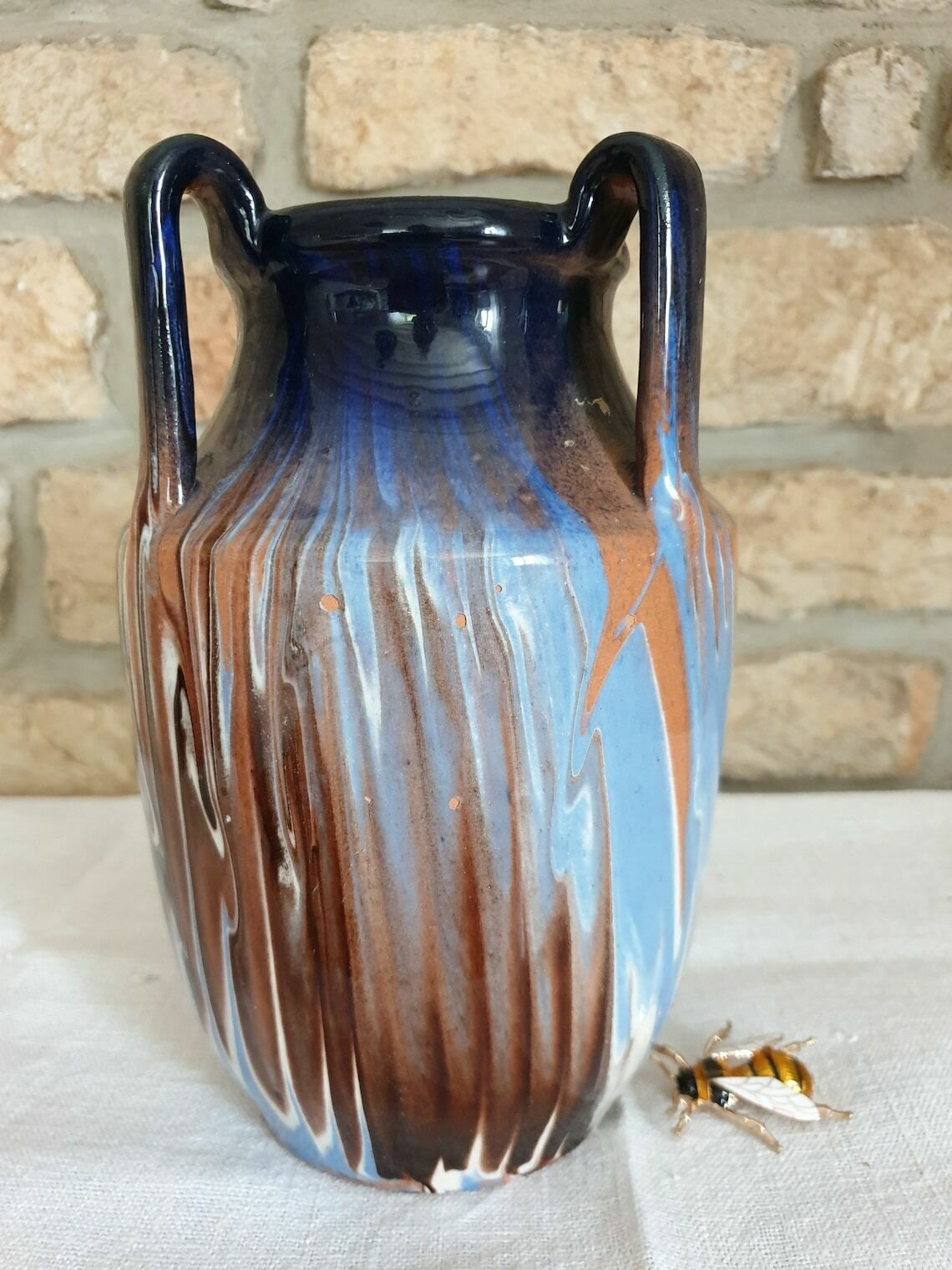 Ceramic Three Handled Jug, Blue White Brown Jug, Stoneware, Ceramic Vase, Vintage Vase photo vintage