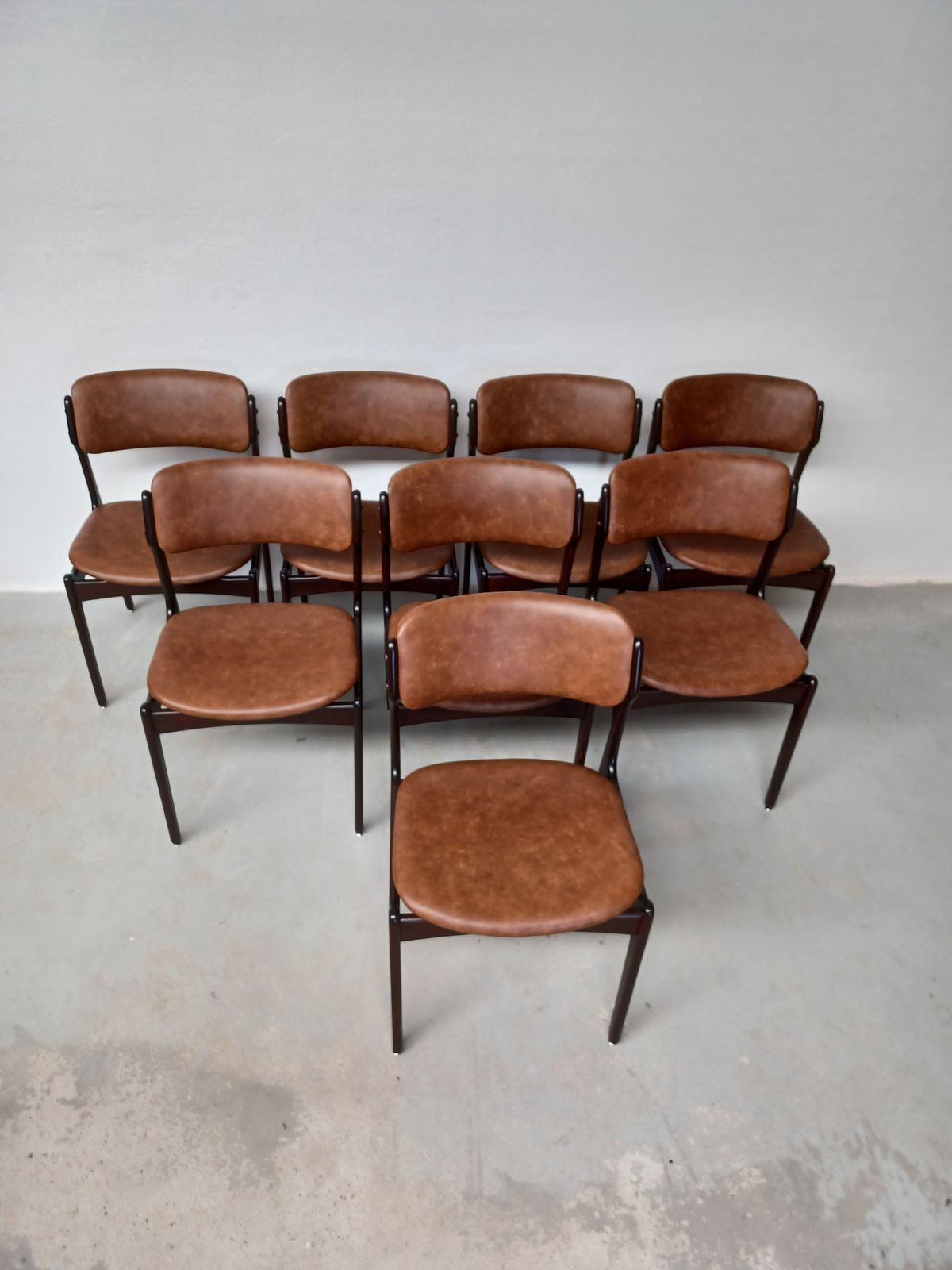 Erik Buch Set Of Eight Fully Restored Tanned Oak Dining Chairs Inc. Custom Reupholstery 1960s photo furniture