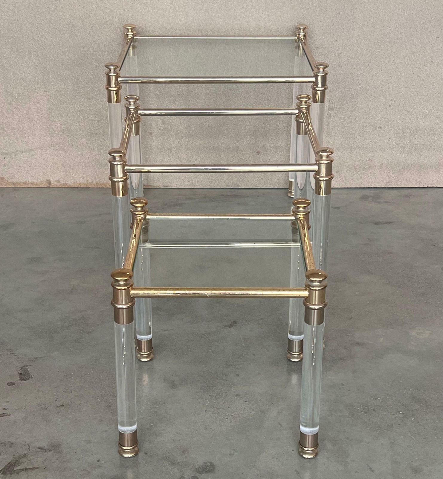Set Of Three Vintage Lucite An Brass Nesting Tables With Glass Top photo buy