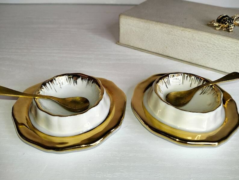 French Porcelain Salt And Pepper Set, Vintage White Condiment Pots, French Vintage Salt And Pepper Table Set With Box photo buy