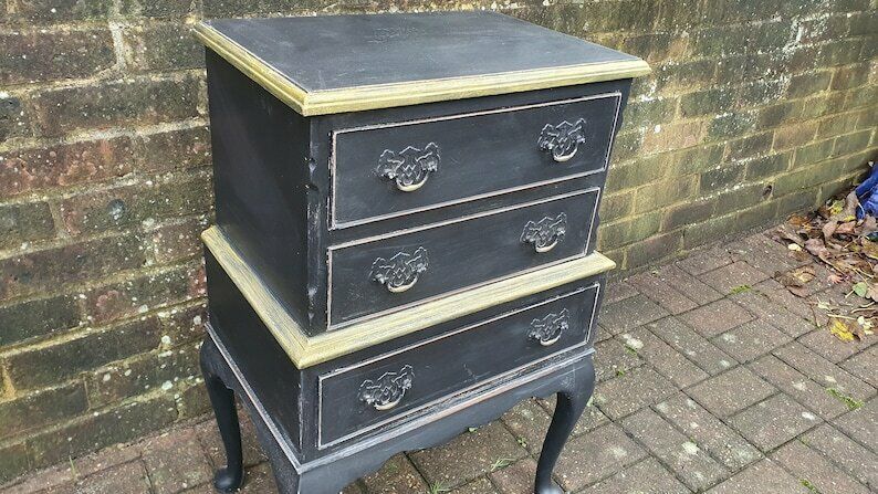 Vintage Occasional Bedside Chest Of Drawers In Farrow And Ball ‘Pitch Black’ Cabriole Legs photo buy