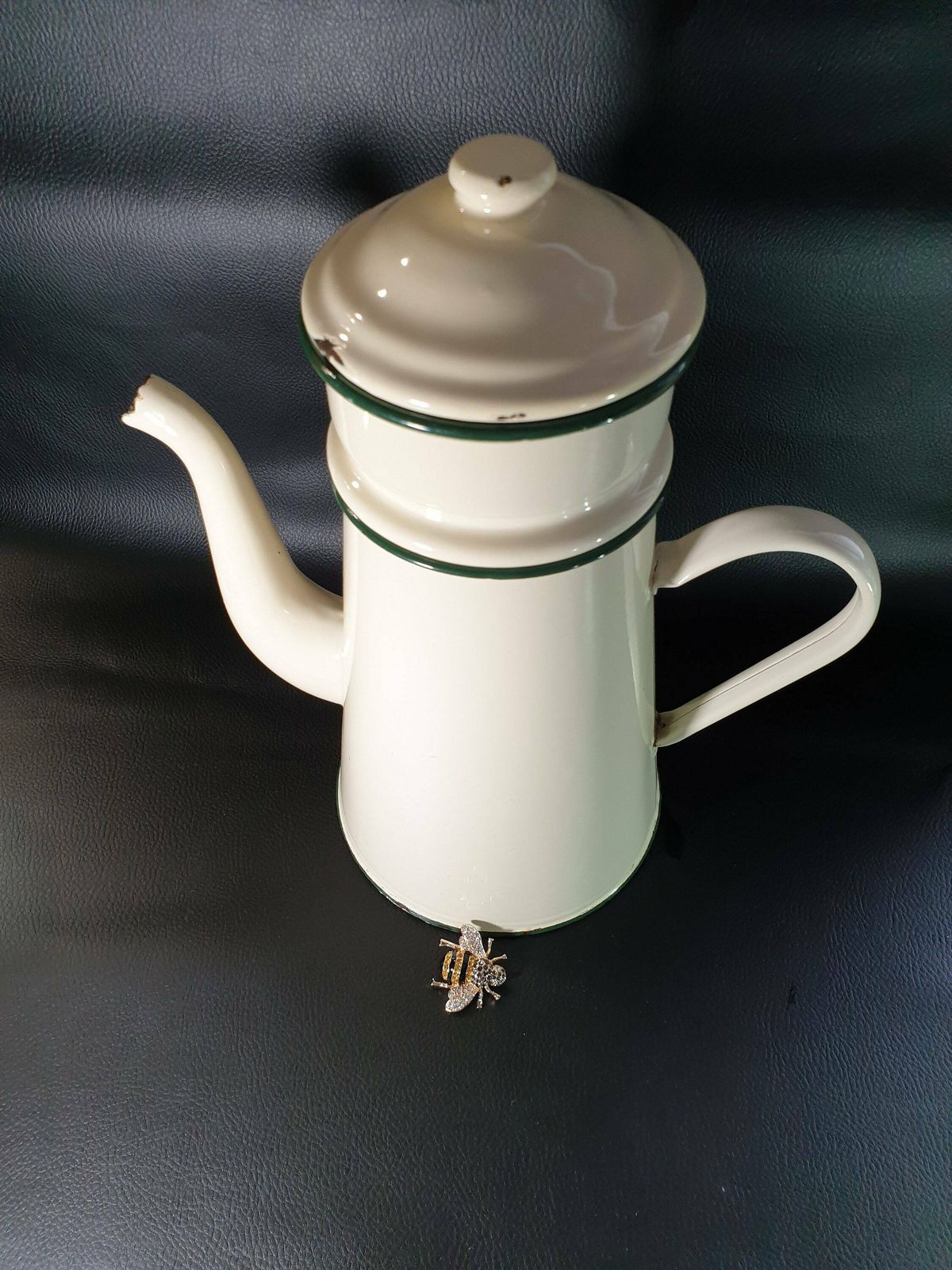 French Vintage Enamel Cafetiere, Enamel Cream Coffee Pot, Antique Enamelware, Enamelware Coffee Pot, Vintage French Enamelware photo Home Decor